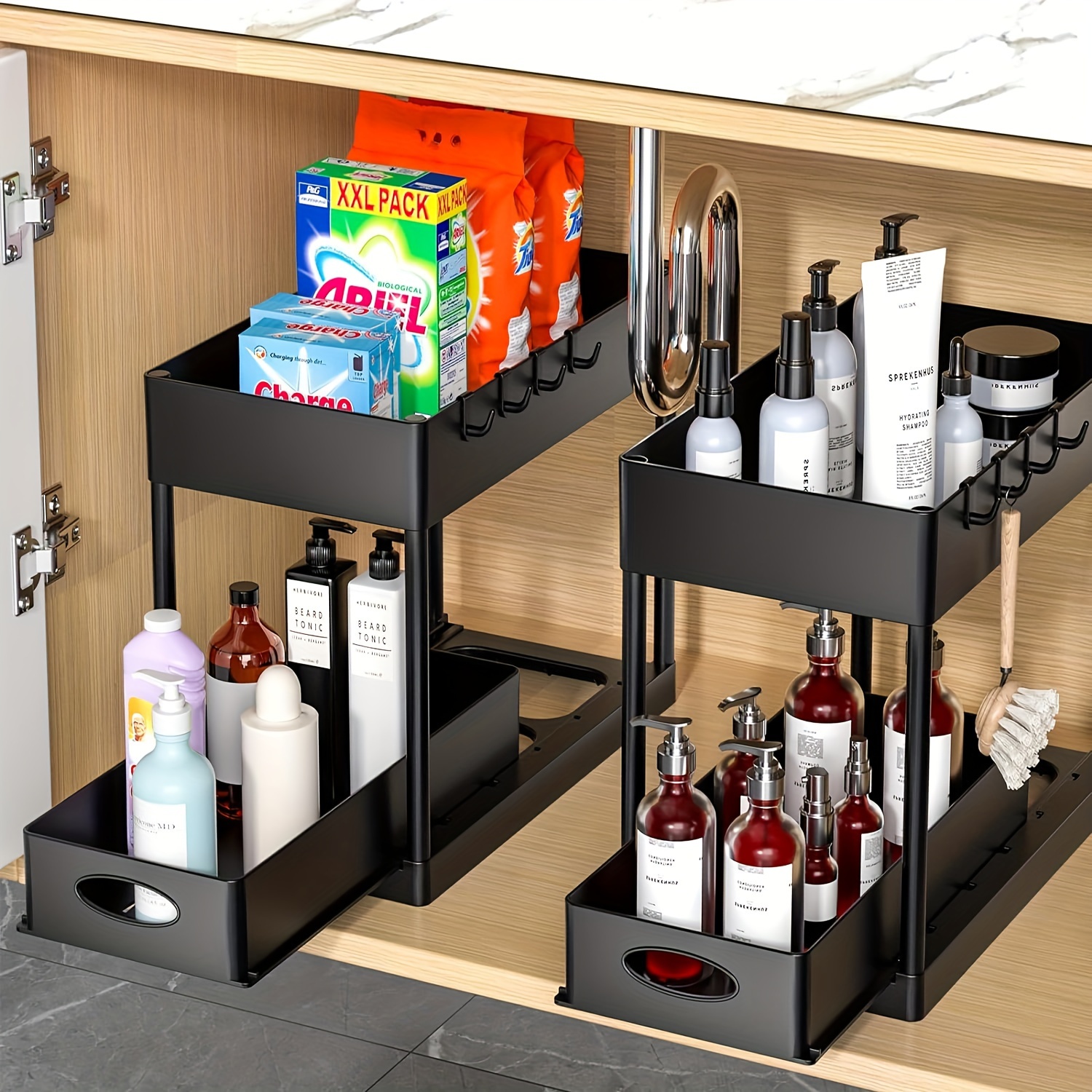 Help You Save Space . Sink Storage Unit, 2-layer Sliding Cabinet