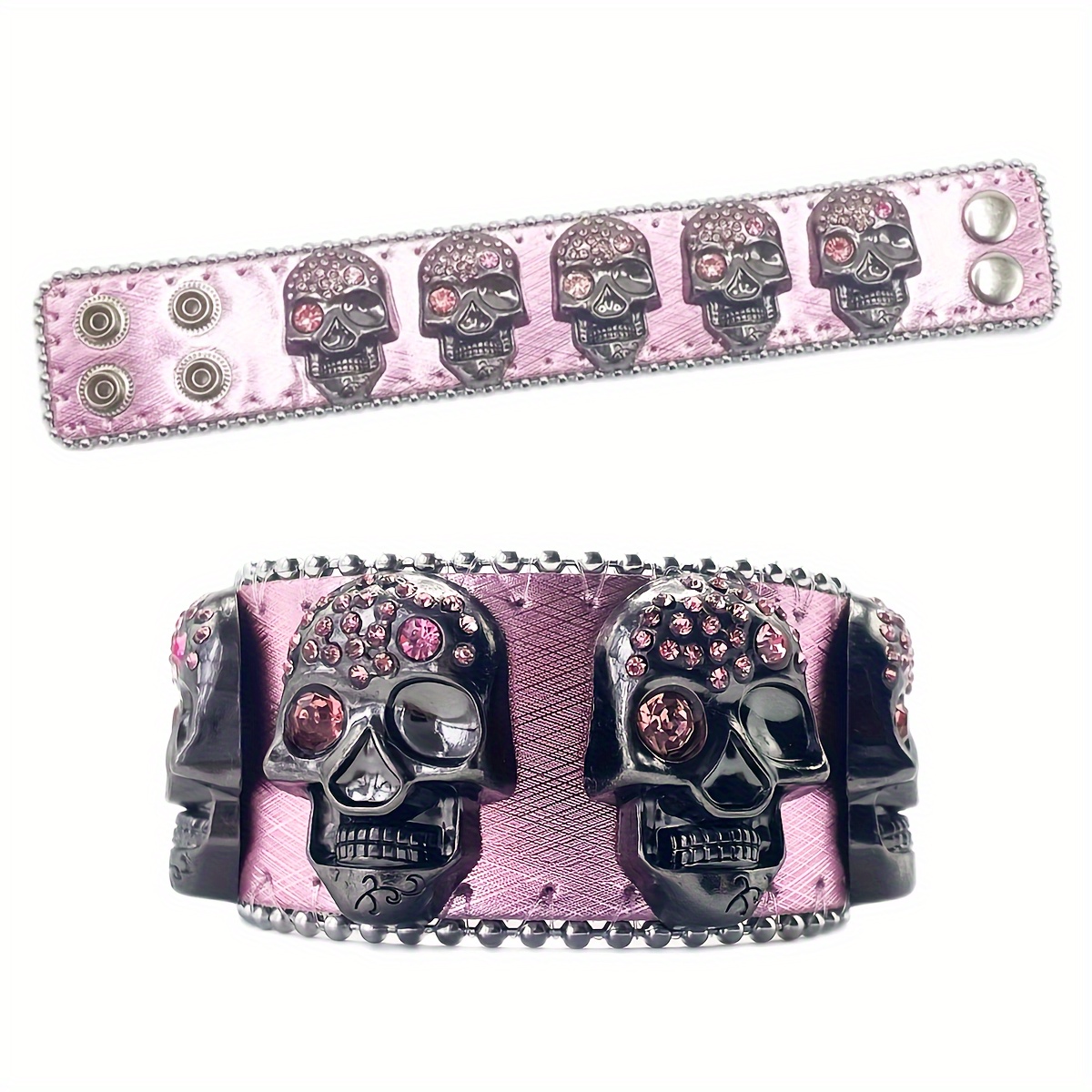 Halloween Skull Rhinestone Bracelet for Women Rock Hip Hop PU Leather Western Bangle Punk Accessories Party Gift,Temu