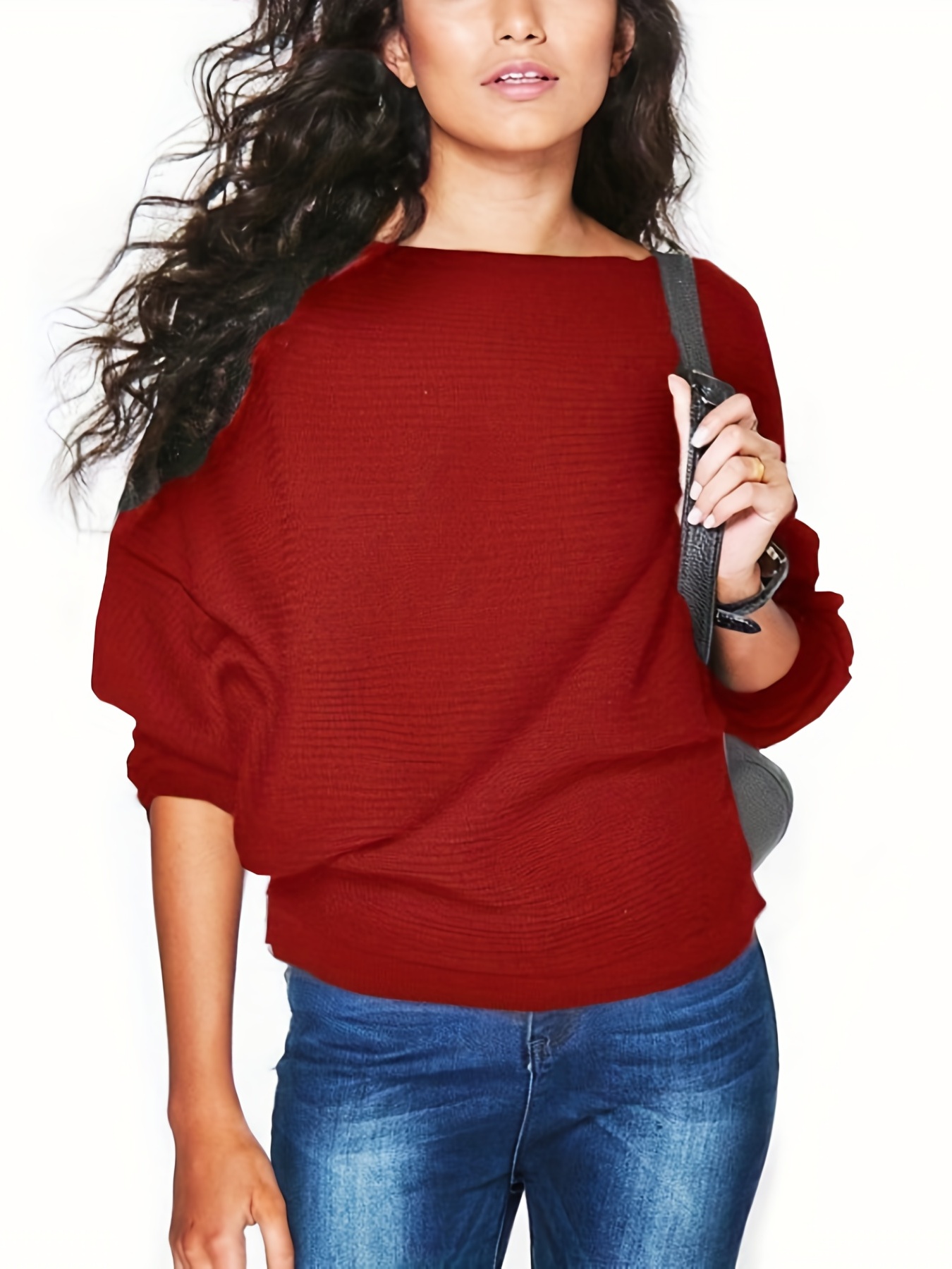 solid boat neck pullover sweater casual batwing sleeve drop shoulder sweater womens clothing red 2