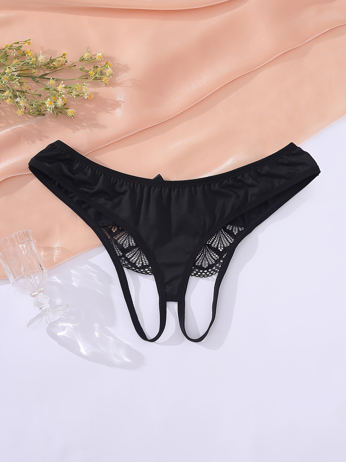 Plus Size Sexy Panty, Women's Plus Contrast Lace Bow Front Crotchless Solid  Brief
