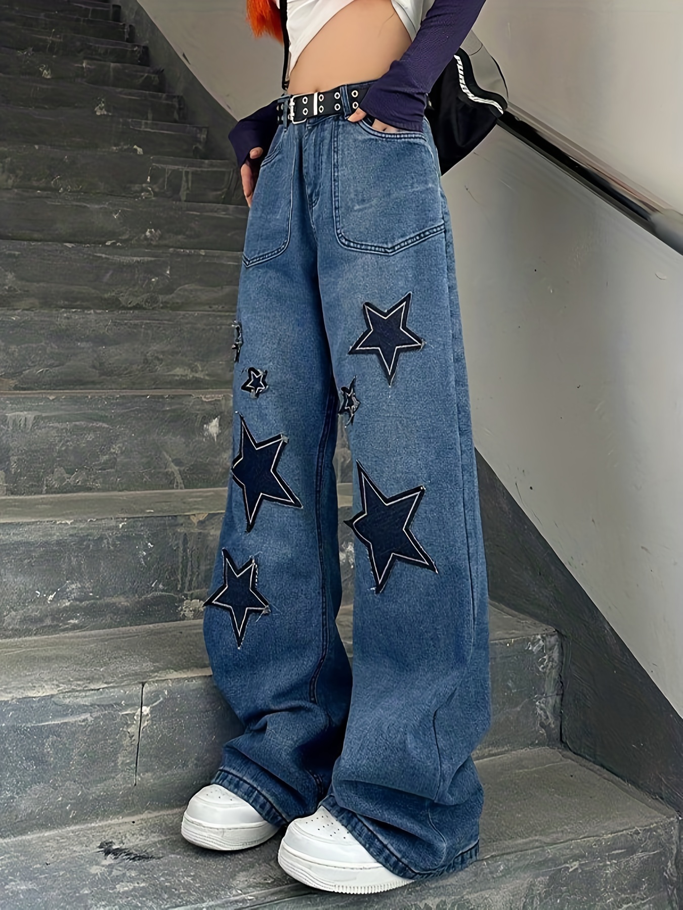 Star Patch Baggy Loose Boyfriend Jeans Dark Wash Zipper - Temu