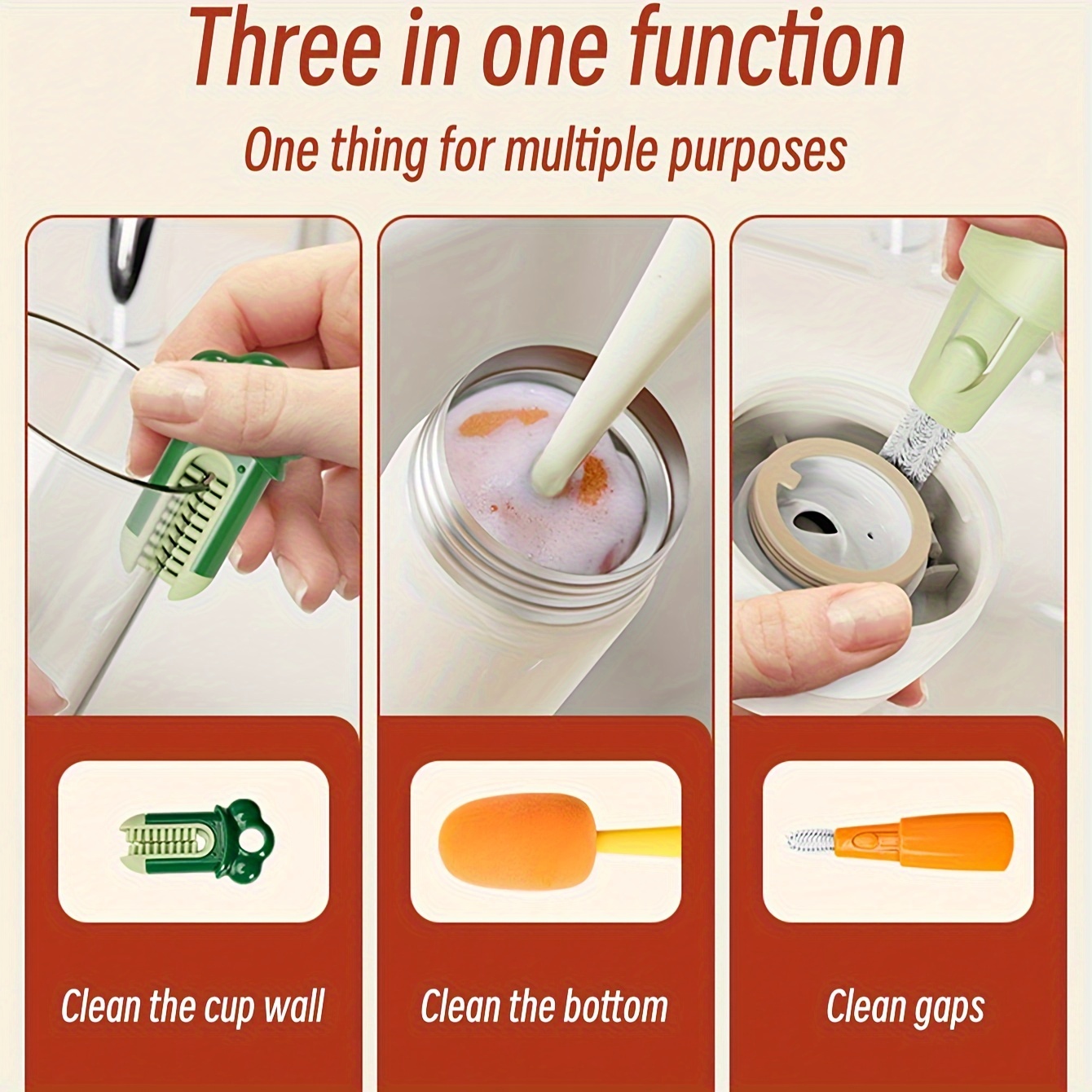 3-in-1 Multifunctional Cup Brush, Multifunctional Cleaning Brush in Carrot  Shape, Sponge Brush Long Handle Bottle Cleaner Brush for Baby Bottle