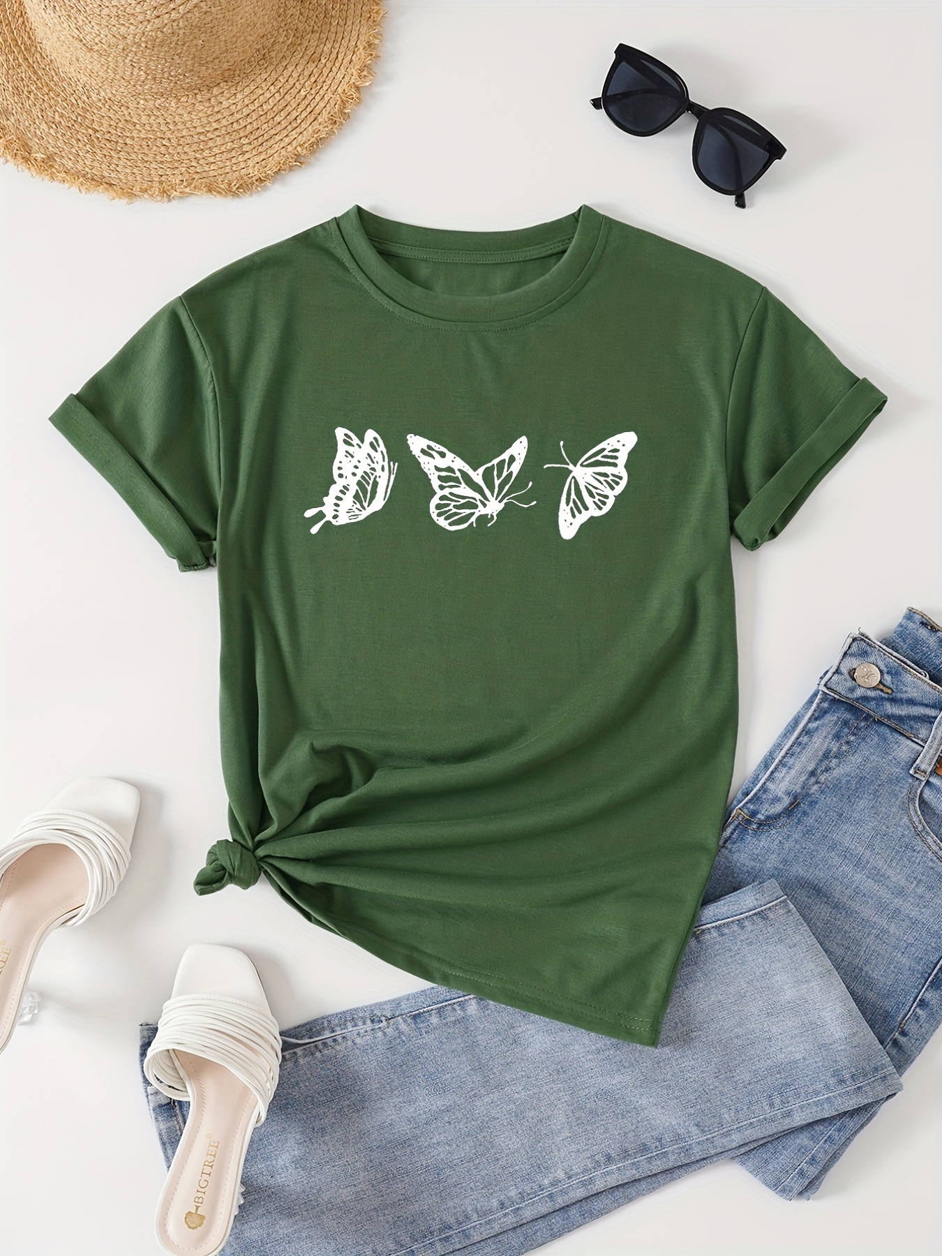 Butterfly Print Crew Neck T-Shirt, Casual Short Sleeve T-Shirt For Spring & Summer, Women's Clothing