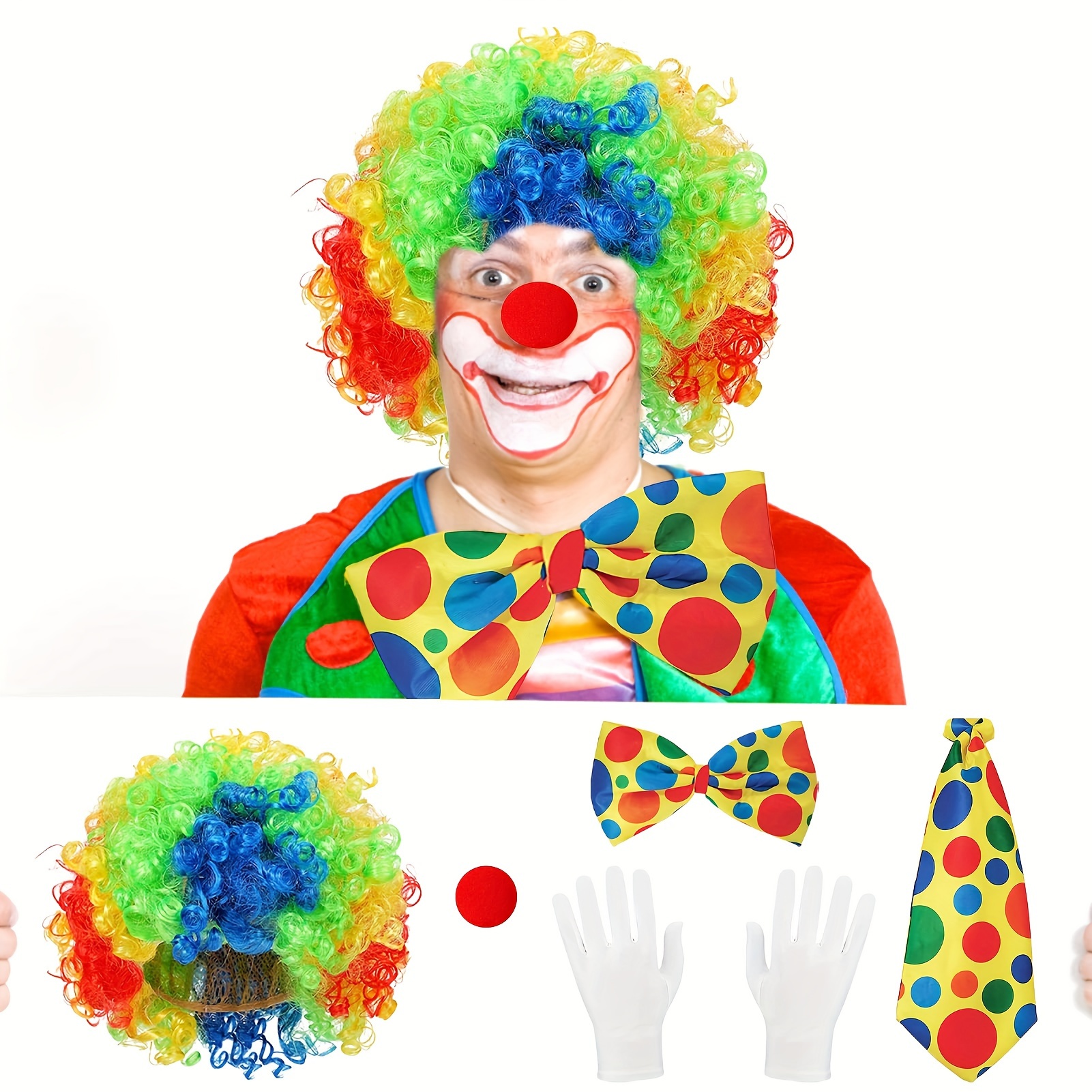 BBTO Set di 4 Accessori per Costume da Clown Parrucca Arcobaleno Naso  Guanti Bianchi da Pagliaccio Cravatta Abiti Accessori da Clown Unisex per  Donne Uomini Carnevale Cosplay Props Foto Circo : 