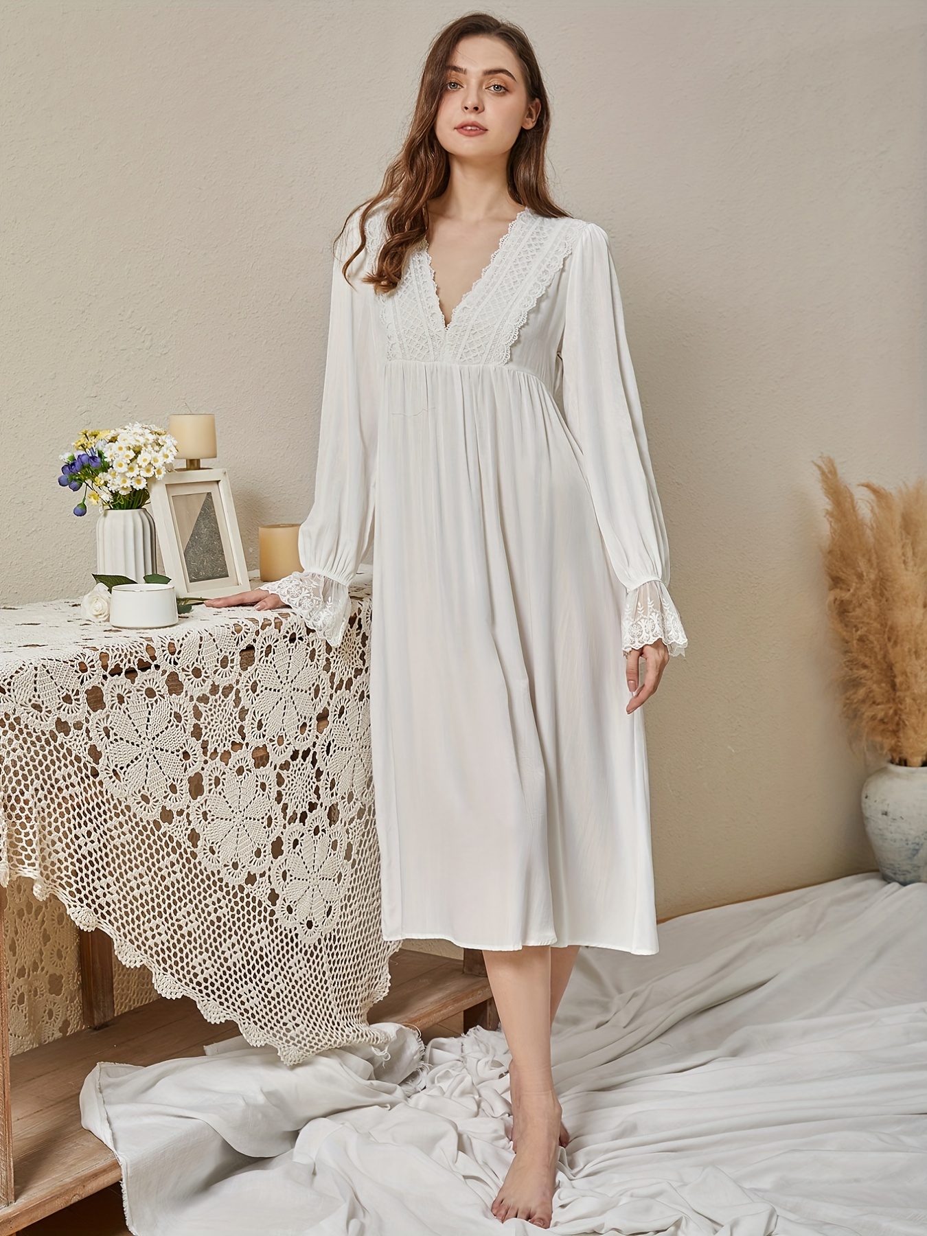 Contrast Lace Nightdress, Elegant V Neck Long Sleeve Princess Sleep Dress,  Women's Sleepwear & Dresses