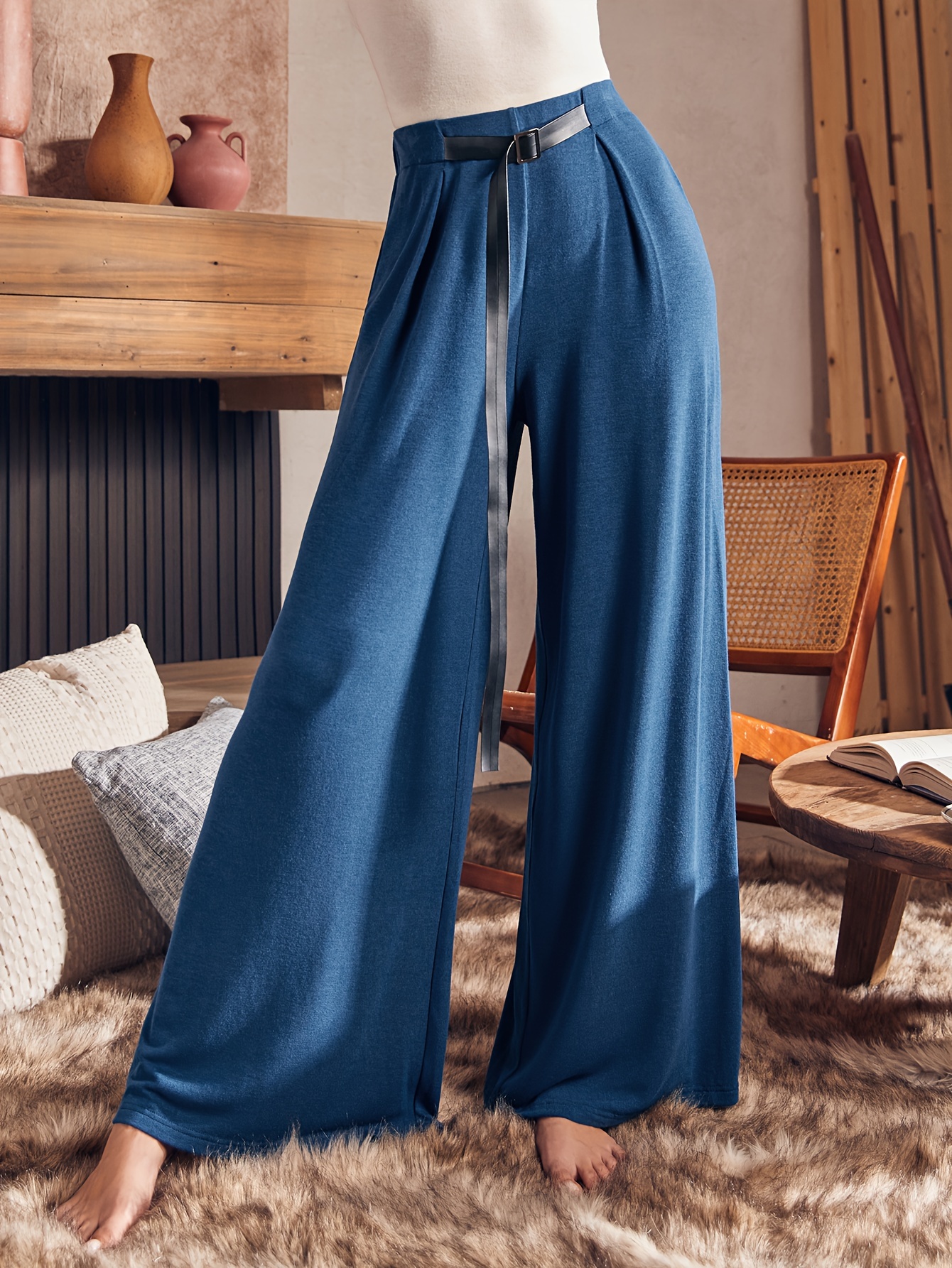 Plus Size Solid Wide Leg Pants Casual High Waist Belted - Temu Canada