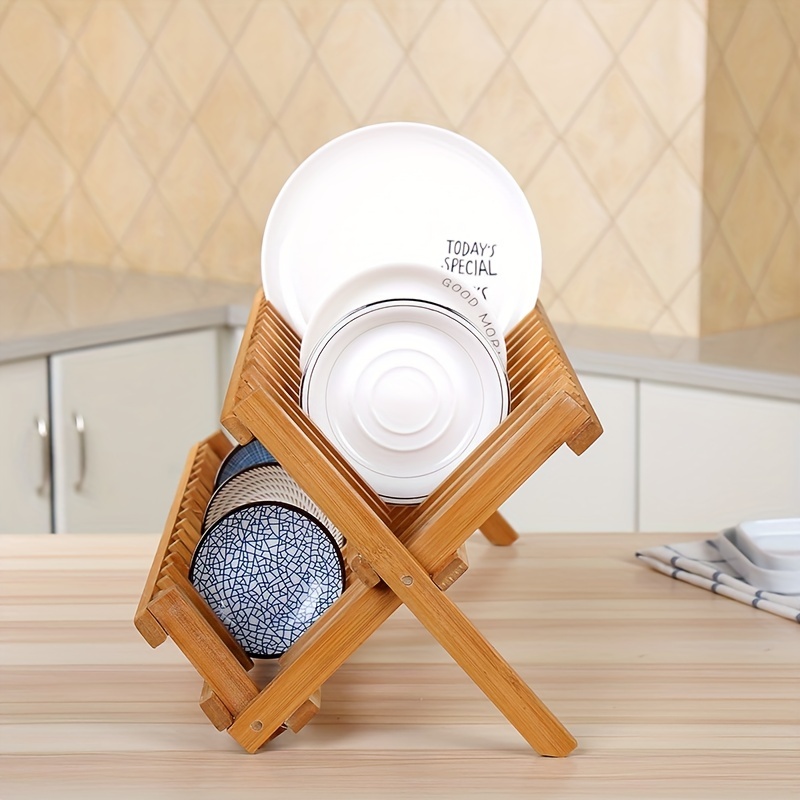 Bamboo Dish Drying Rack Utensil Holder Collapsible Wooden Dish Drainer Rack  2-Tier Folding Drying Holder for Kitchen Counter