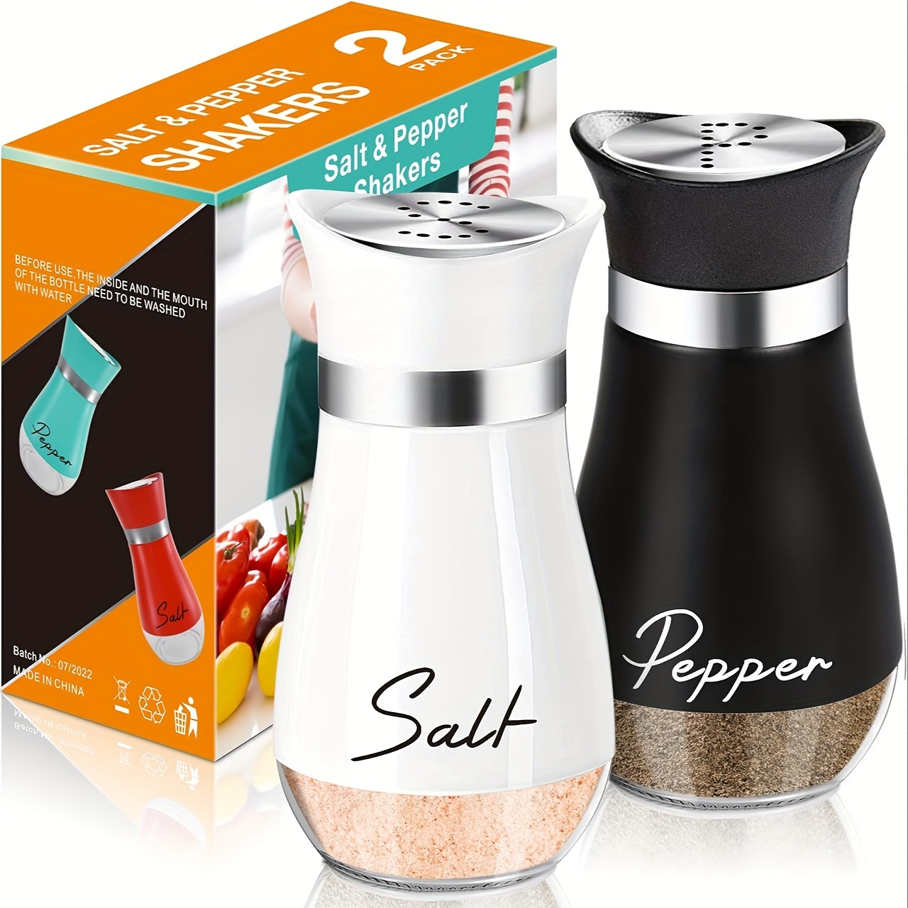 Salt and Pepper Shakers Set,4 oz Glass Bottom Salt Pepper Shaker with  Stainless Steel Lid for Kitchen Gadgets Cooking Table, RV, Camp,BBQ  Refillable