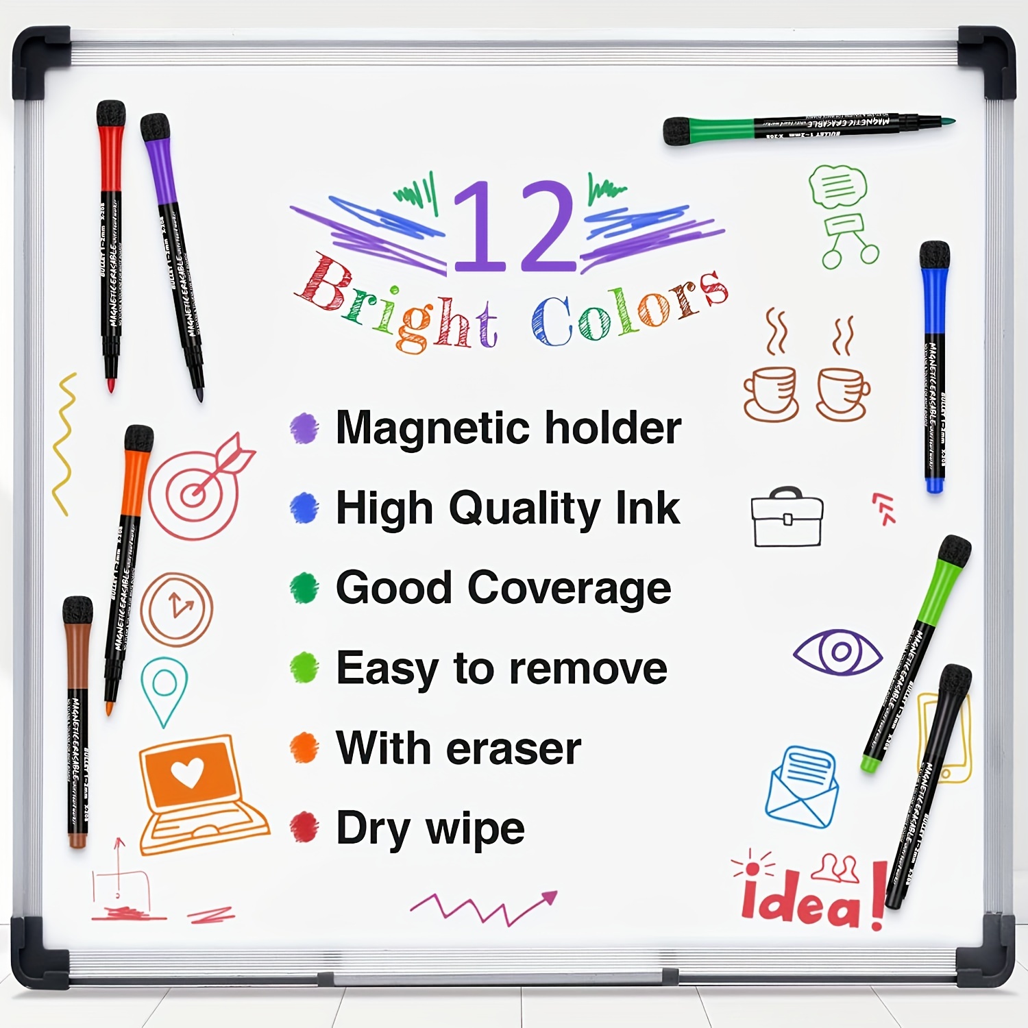 Magnetic Dry Erase Markers Fine Point Tip, 12 Colors White Board Markers  Dry Erase Marker with Eraser Cap, Low Odor Whiteboard Markers Thin Dry  Erase