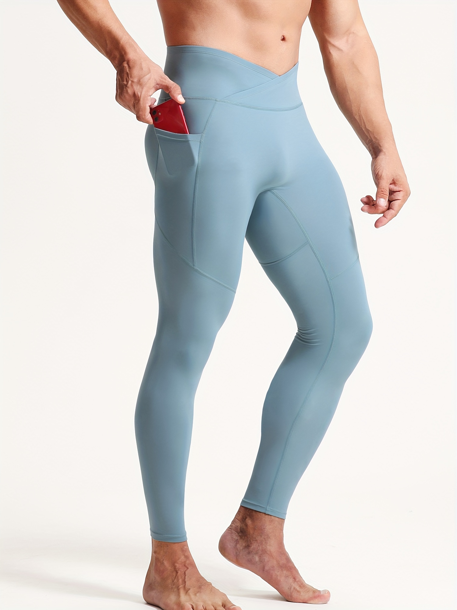 Men's Solid Color Pocket Leggings Active Warm Sports - Temu