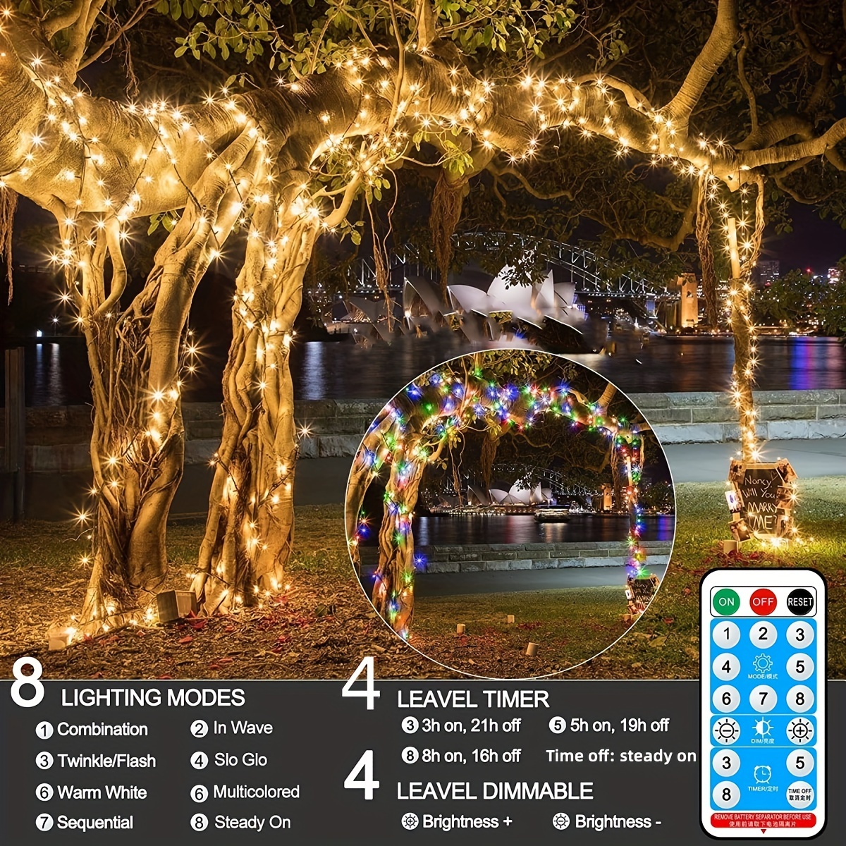1pc 105ft 300 led solar lights outdoor waterproof lamp with remote timer 8 modes solar powered string lights for christmas tree wedding party holiday outdoor indoor decor details 4