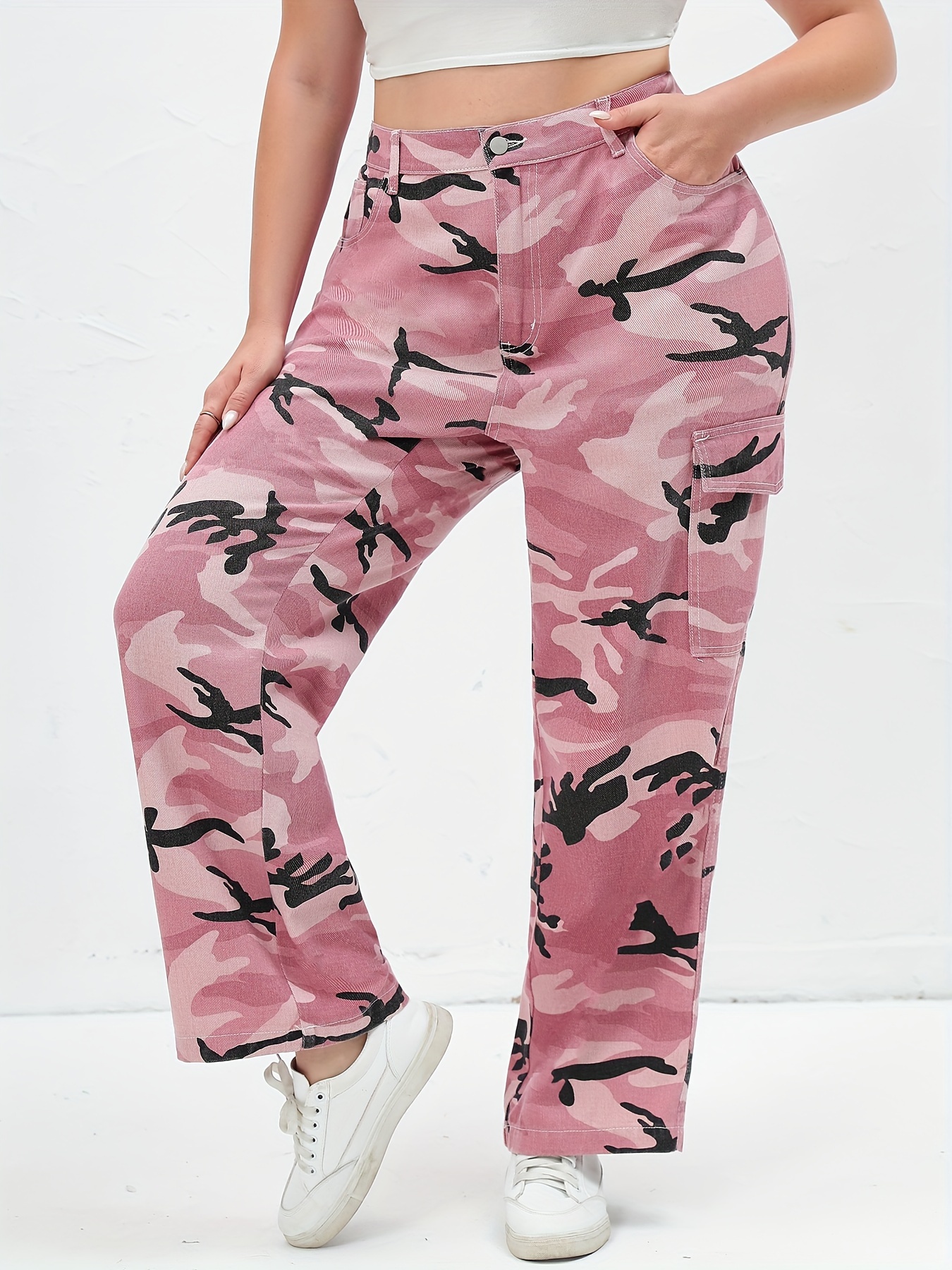 Casual Camo Print Cargo Pants Multicolor Plus Size Pants (Women's