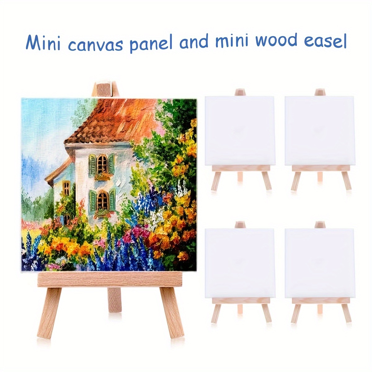 1/4/6PCS Mini Canvas And Easel Set Mini Canvas Panels Mini Wood Easels,  Canvas Size Is 3.9 X 3.9; Easel Size Is 3.1 X 5.9 For Kids Painting,  Oil Painting And Diy Doodle