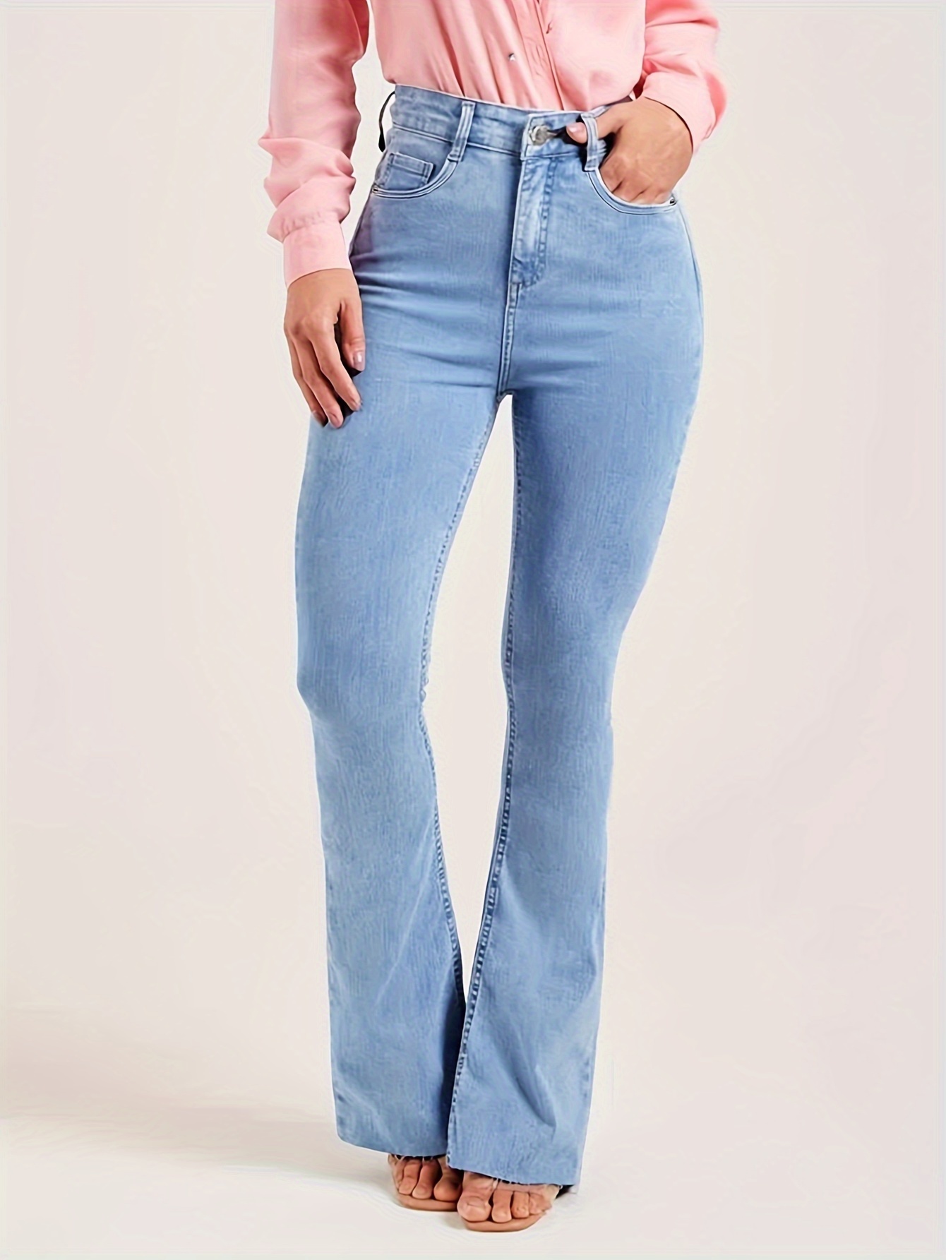Solid Color Zip Fly Flare Denim Pants, High Rise Slash Pocket Slim Fit  Female's Trousers, Classic Casual Chic Style, Women's Denim Jeans & Clothing