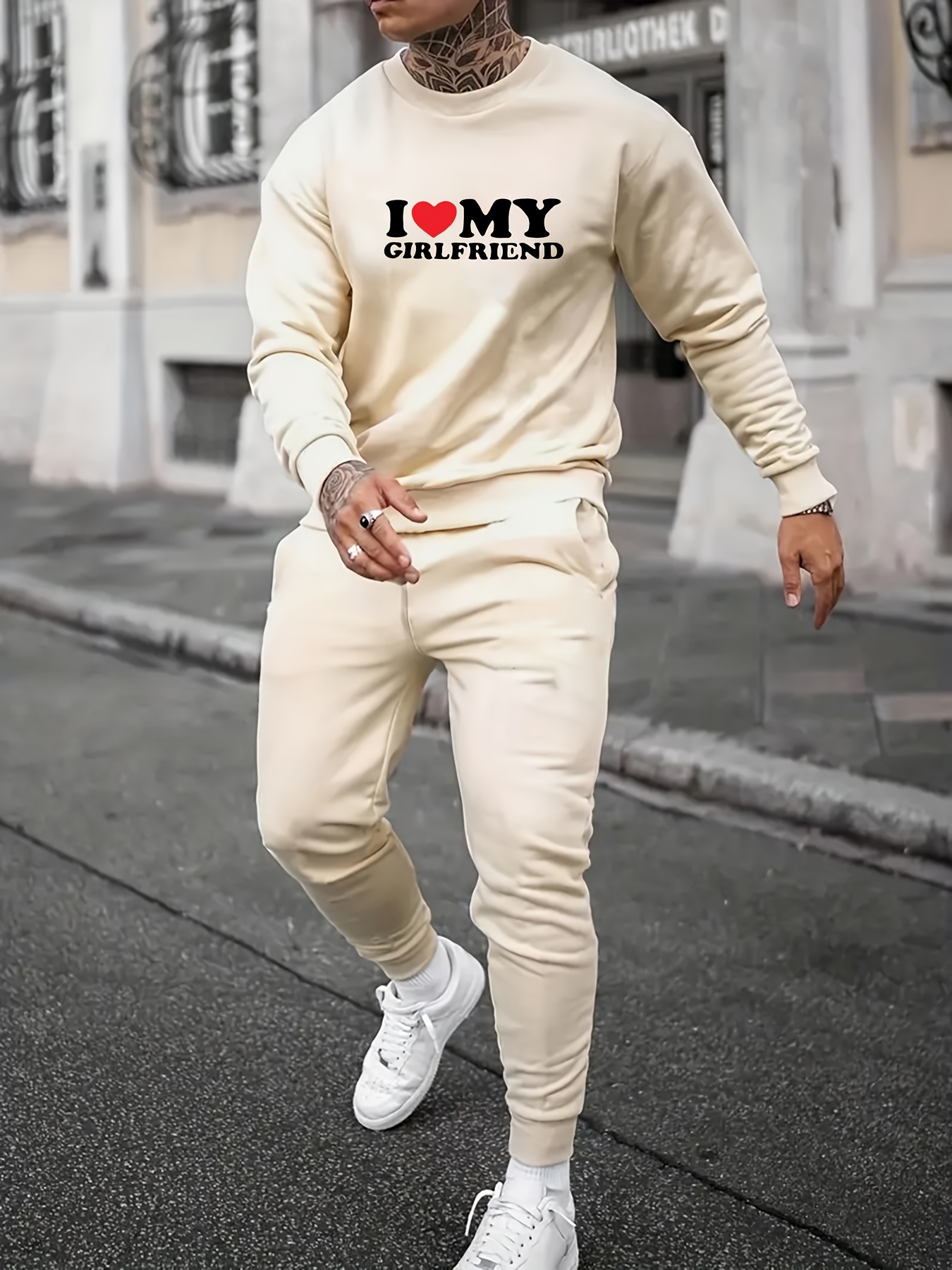 Love Girlfriend Print Men's Outfits Casual Crew Neck Long - Temu