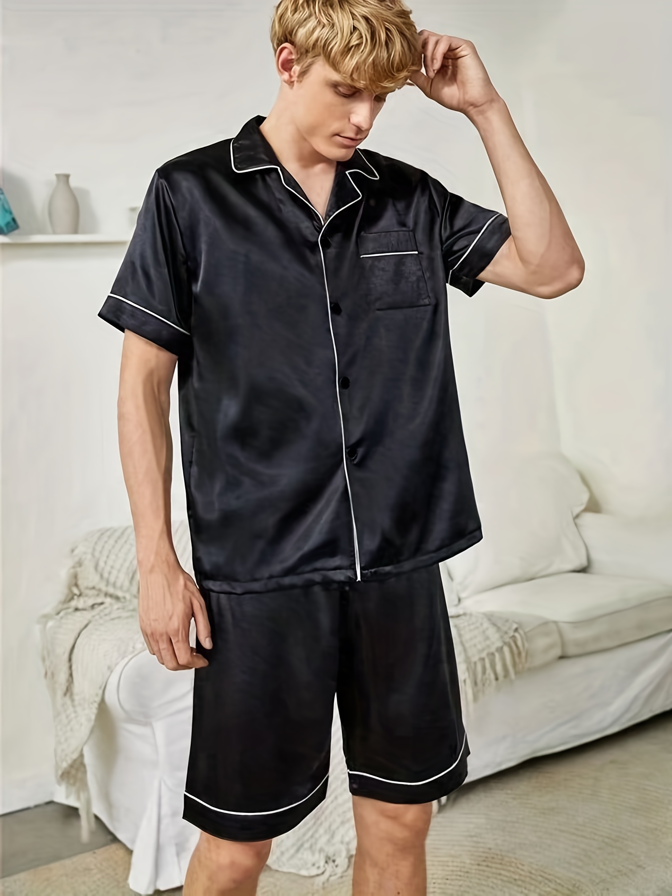 Men's Slim Fit Casual Comfortable Black Pajamas Set - Temu