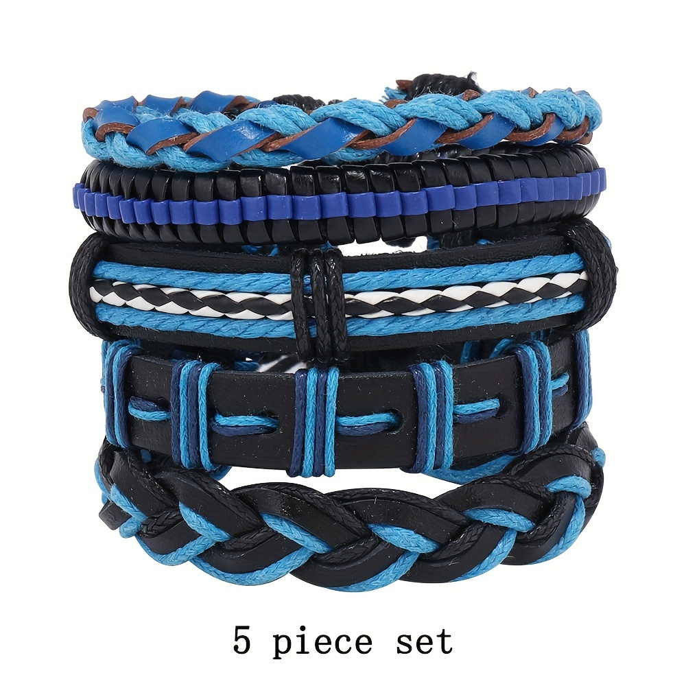 TEMU 5 Piezas De Juego De Combinación De Pulsera De Cuero PU Multicapa Para Hombre, Cuerda De Mano De Hip Hop Azul