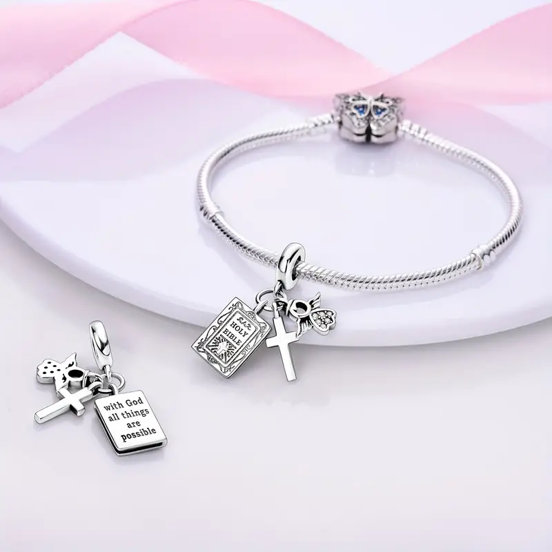  Holly Bible, Cross And Angel Dangle Charm For Bracelet