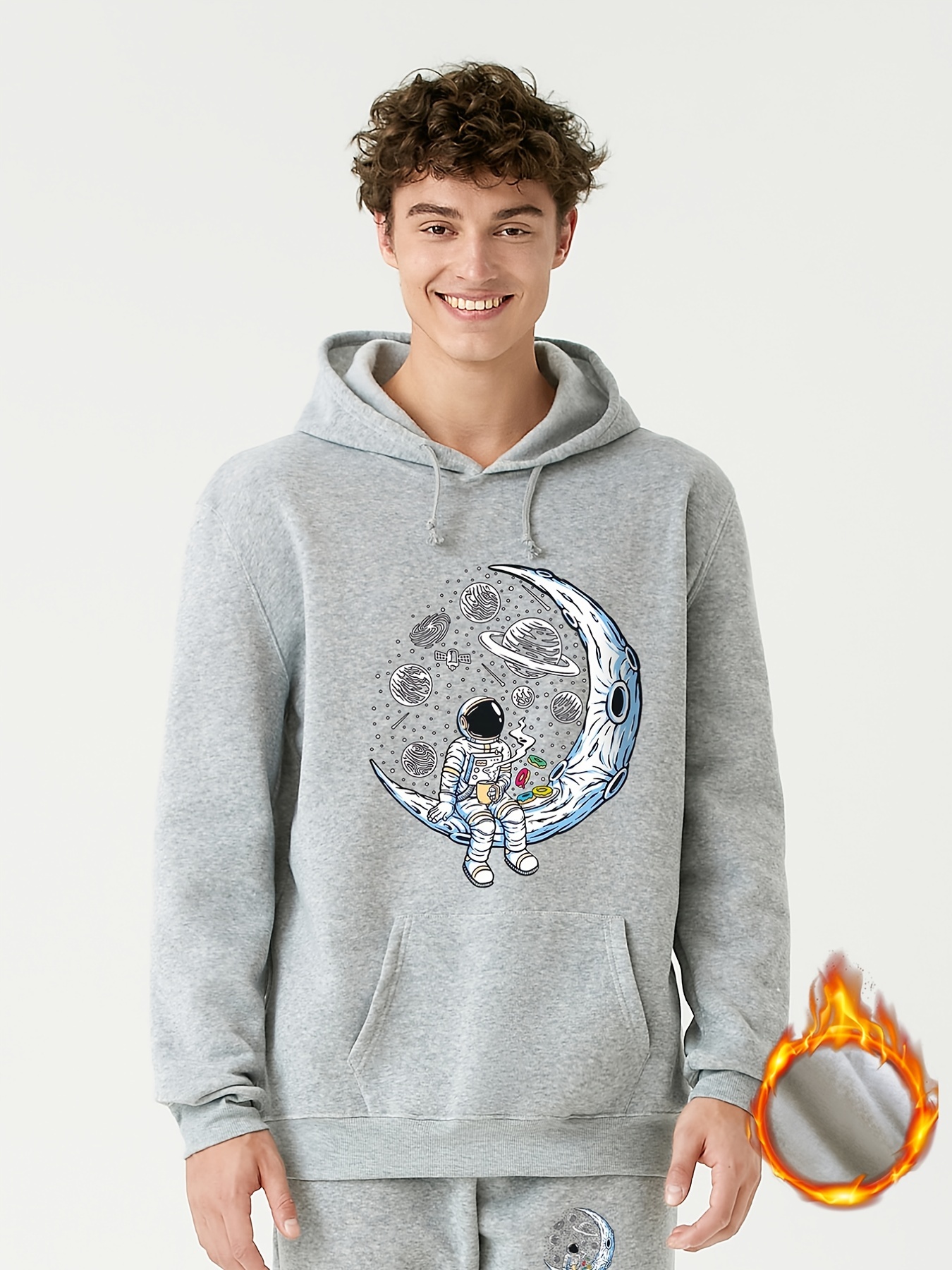 Men's Fleece Thermal Hoodie Astronauts Planet Print Long - Temu