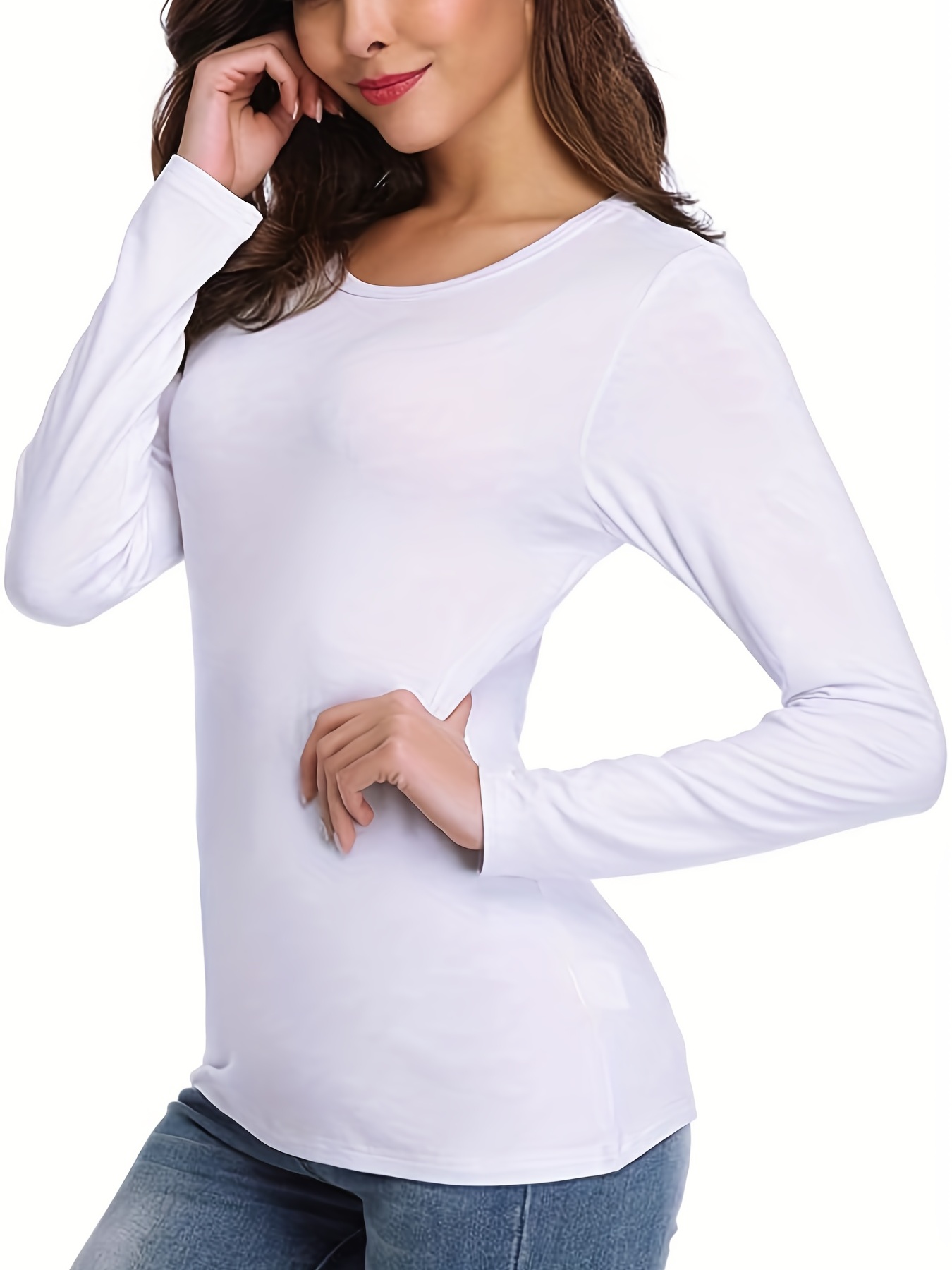 solid crew neck t shirt casual long sleeve lim top for spring fall womens clothing white 3