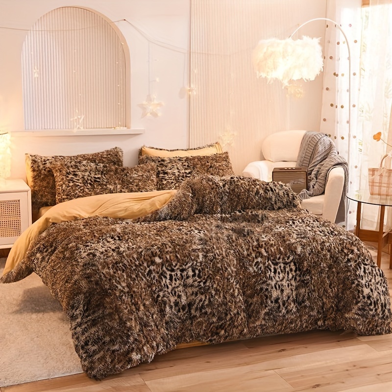 4pcs Faux Fur Plush Duvet Cover Set (1*Flat Sheet + 1*Duvet Cover + 2*Pillowcase, Without Core), Leopard Pattern Autumn And Winter Bedding Set, Soft Comfortable And Warm Duvet Cover, For Bedroom, Guest Room