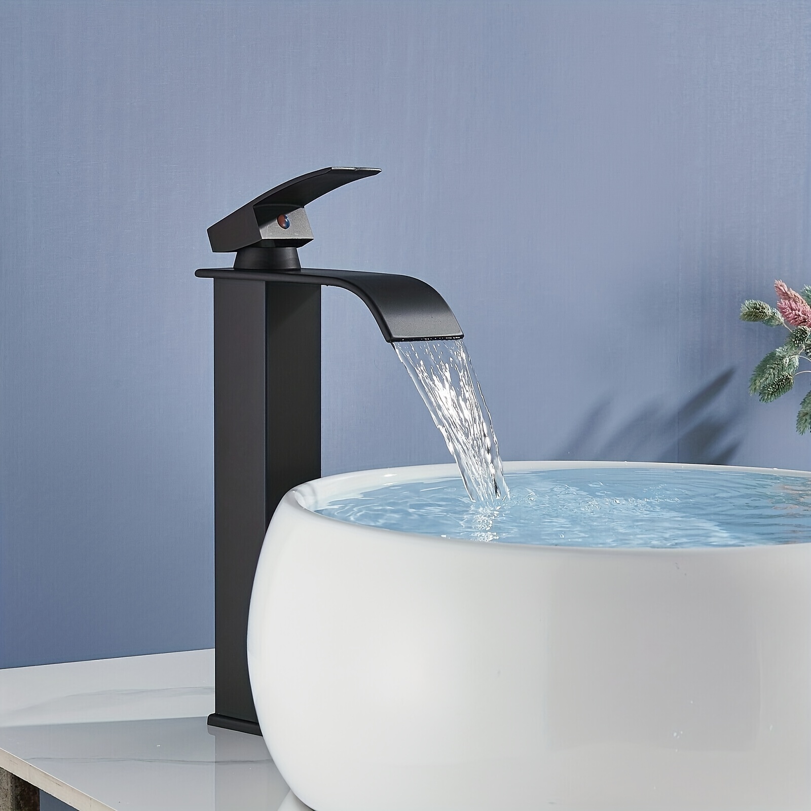Grifo de baño alto para fregadero de recipiente, moderno grifo de baño  negro mate con tapón de drenaje desplegable