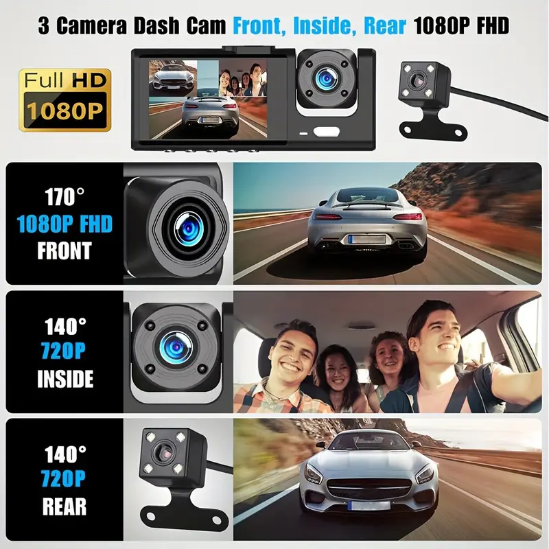 Car Recorder Dash Cam 1080p 3 Channel Camera Cycle Video - Temu
