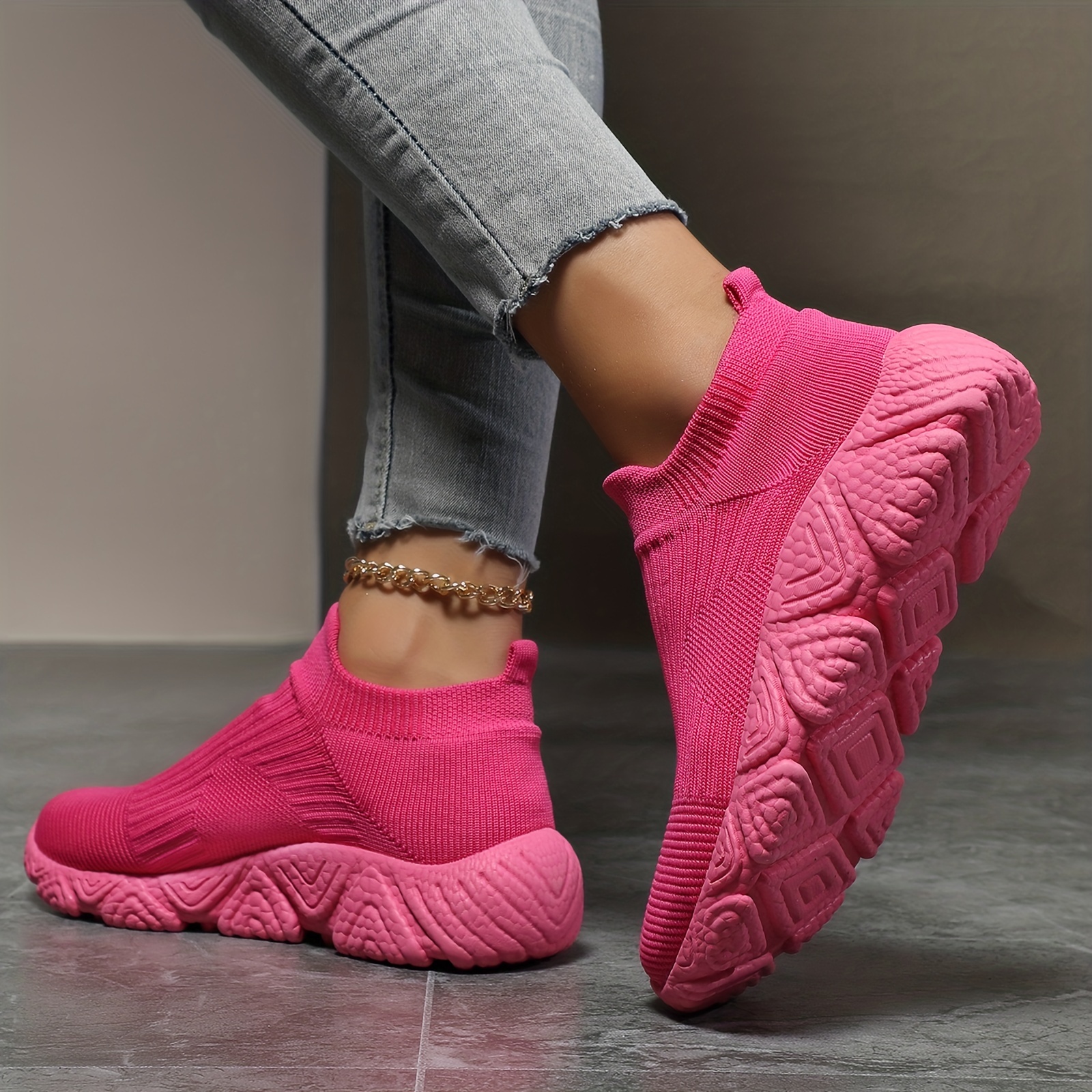 Deportivas mujer sin cordones tejido color rosa