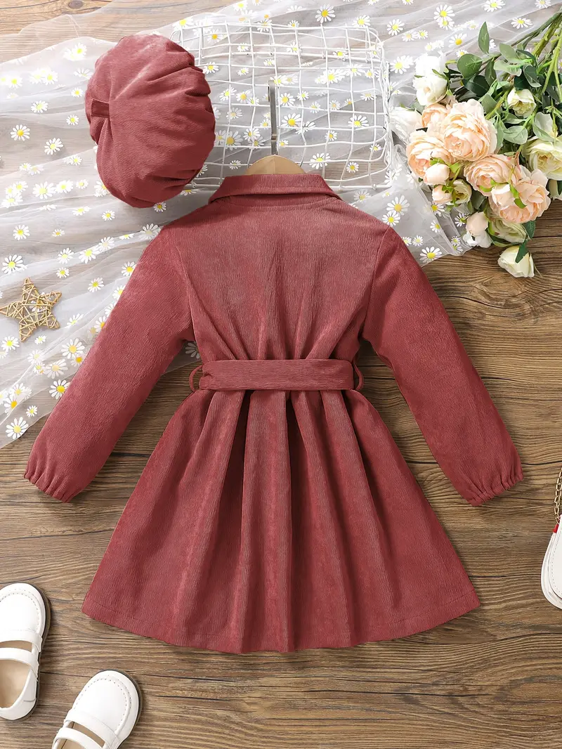 girls casual dress corduroy button front collar neck dresses with belt and hat set trendy kids autumn outfit details 31
