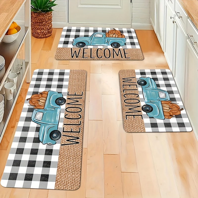 Soft Kitchen Rug Pumpkin Car Black And White Plaid Padded - Temu