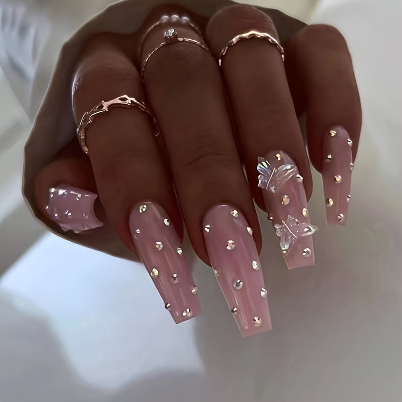 

24pcs Extra Long Pink Ballerina Fake Nails, Crystal Butterfly Shining Rhinestone With Design Press On Nails, Sweet Cool False Nails For Women Girls Daily Wear