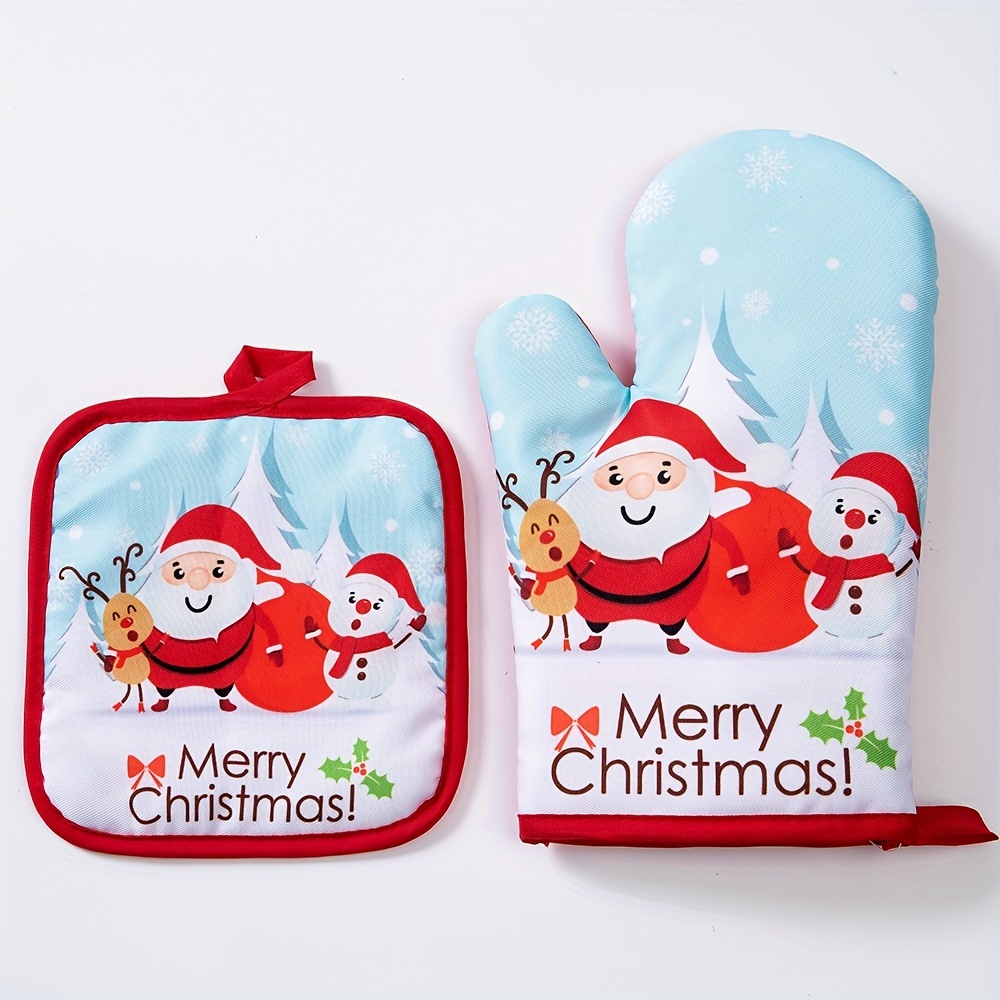 2pcs/set (1 Oven Mitt + 1 Pot Holder) Christmas Microwave Oven