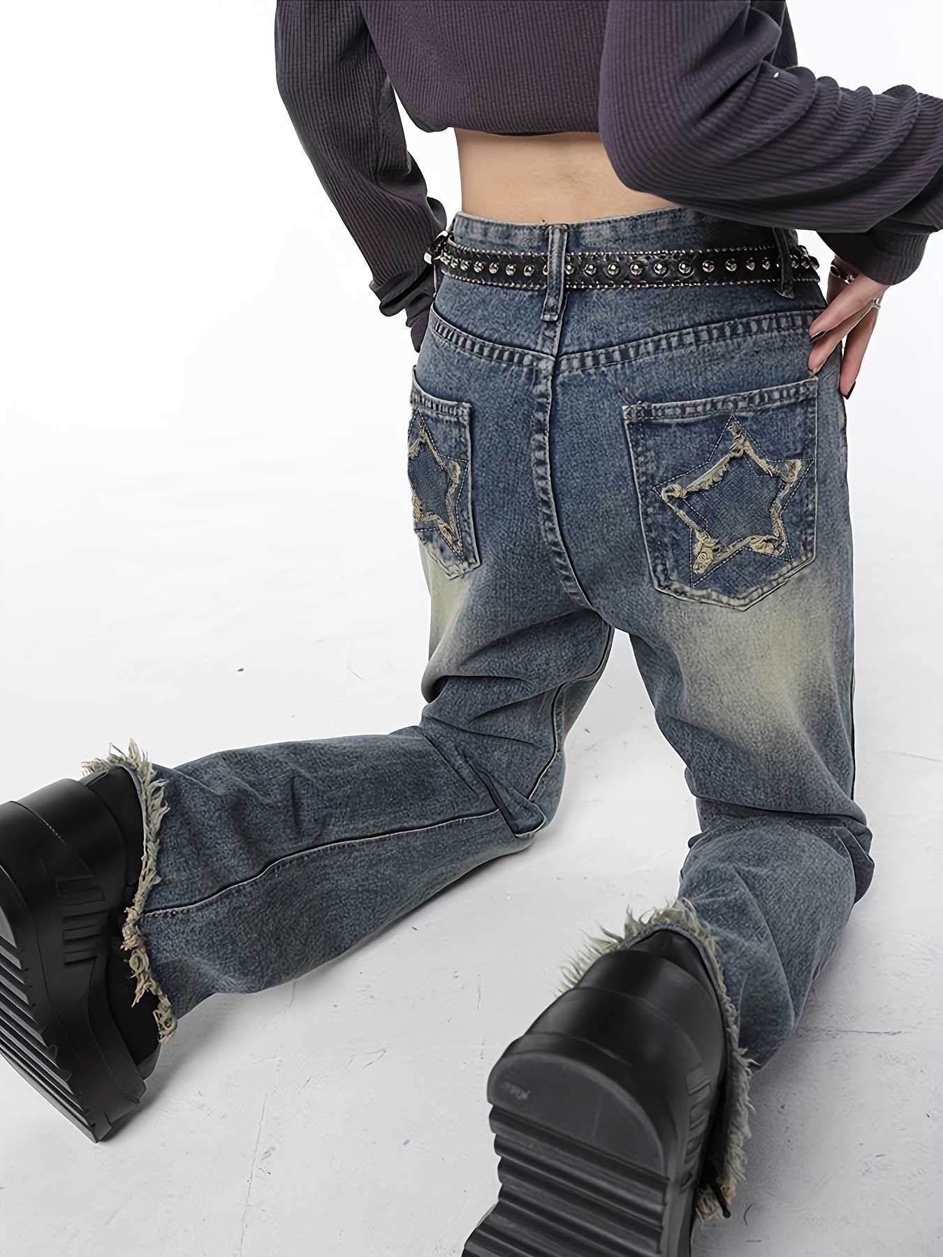 Star Seam Patchwork Patch Pocket Flare Jeans, Frayed Hem Vintage