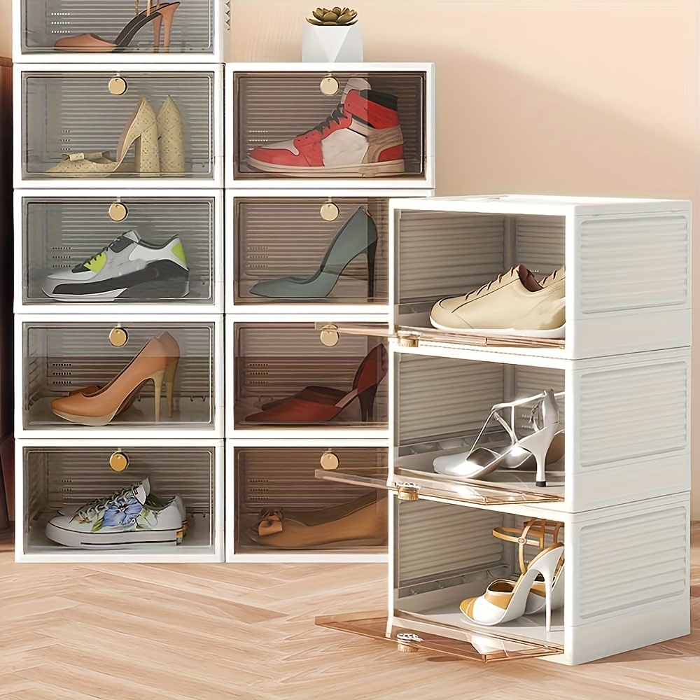 6pcs Plastic Shoe Box Stackable Foldable Shoe Organizer Drawer