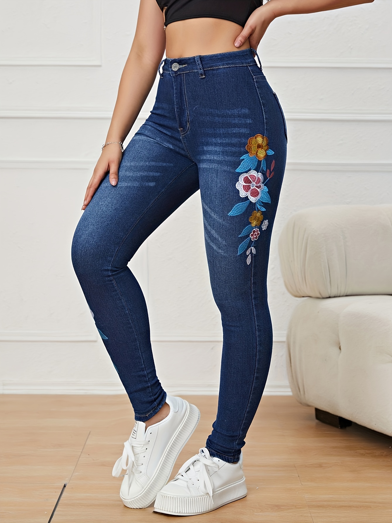 Pantalones De Mezclilla Con Bordado Floral * Oscuro, Jeans Ajustados De  Cintura Alta Con Bolsillos Oblicuos, Jeans Y Ropa De Mujer