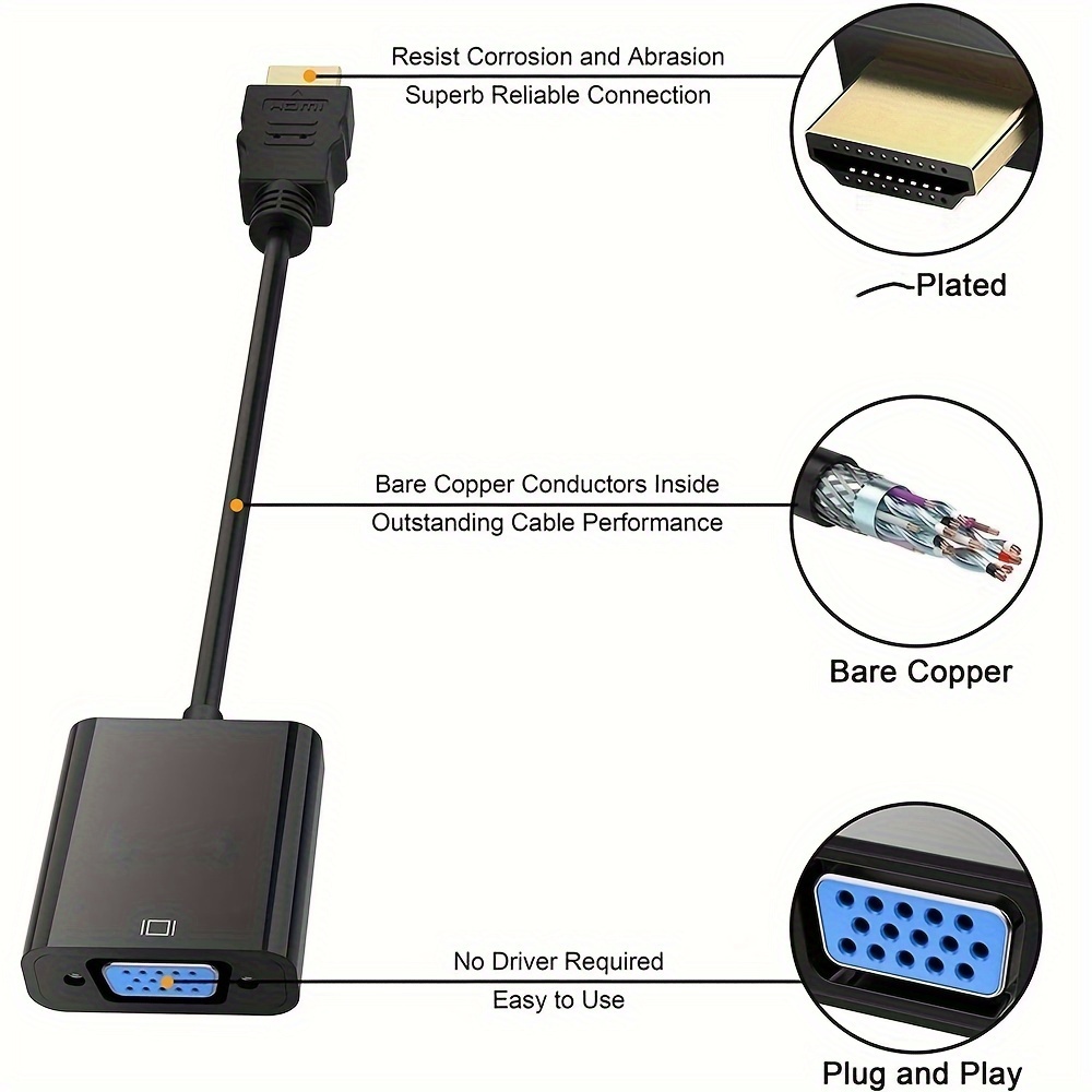  Adaptador HDMI a VGA, conector HDMI macho a VGA hembra,  conectores de computadora a monitor cable, para computadora, escritorio,  PC, monitor, proyector, HDTV, Chromebook, Raspberry Pi, Roku, PS4, Xbox  (negro, 1