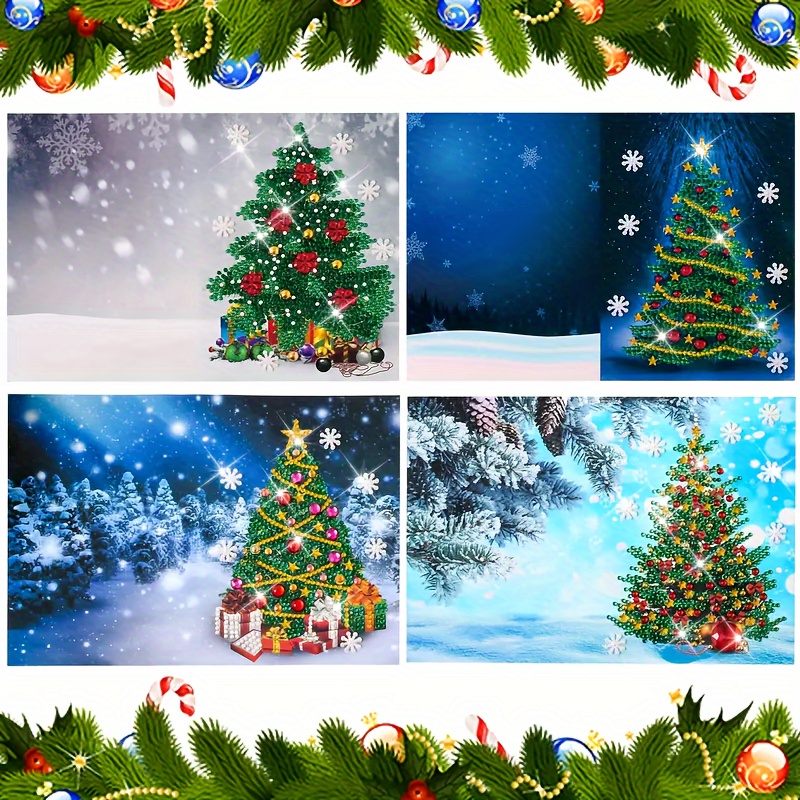 

4pcs Diy 5d Artificial Diamond Painting Christmas Card Christmas Tree Artificial Diamond Card Creative Handmade Christmas Gifts For Adults (four Christmas Trees)