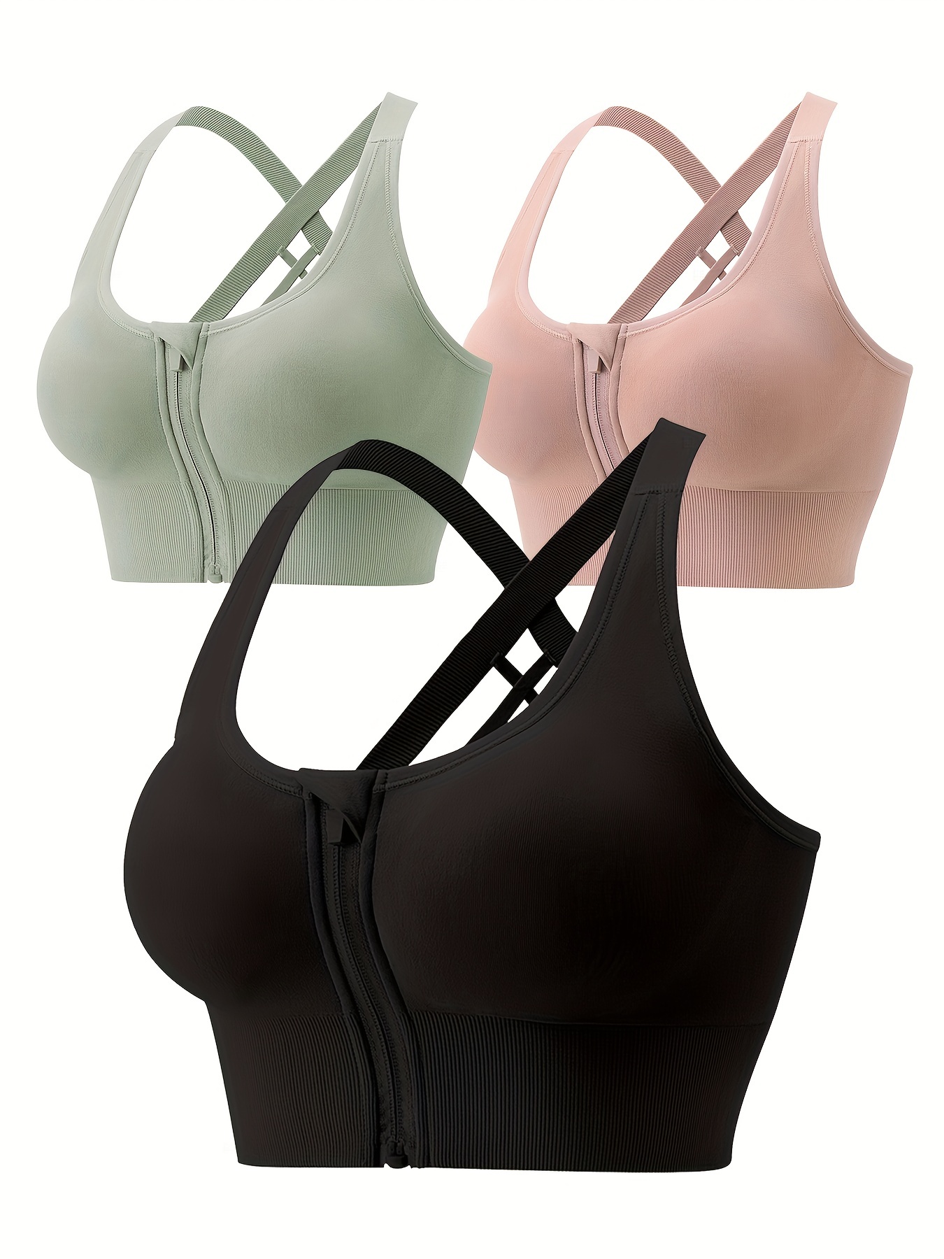 3pcs Criss Cross Back Sports Bras, Breathable High Impact Shockproof  Fitness Zipper Bra, Women's Lingerie & Underwear