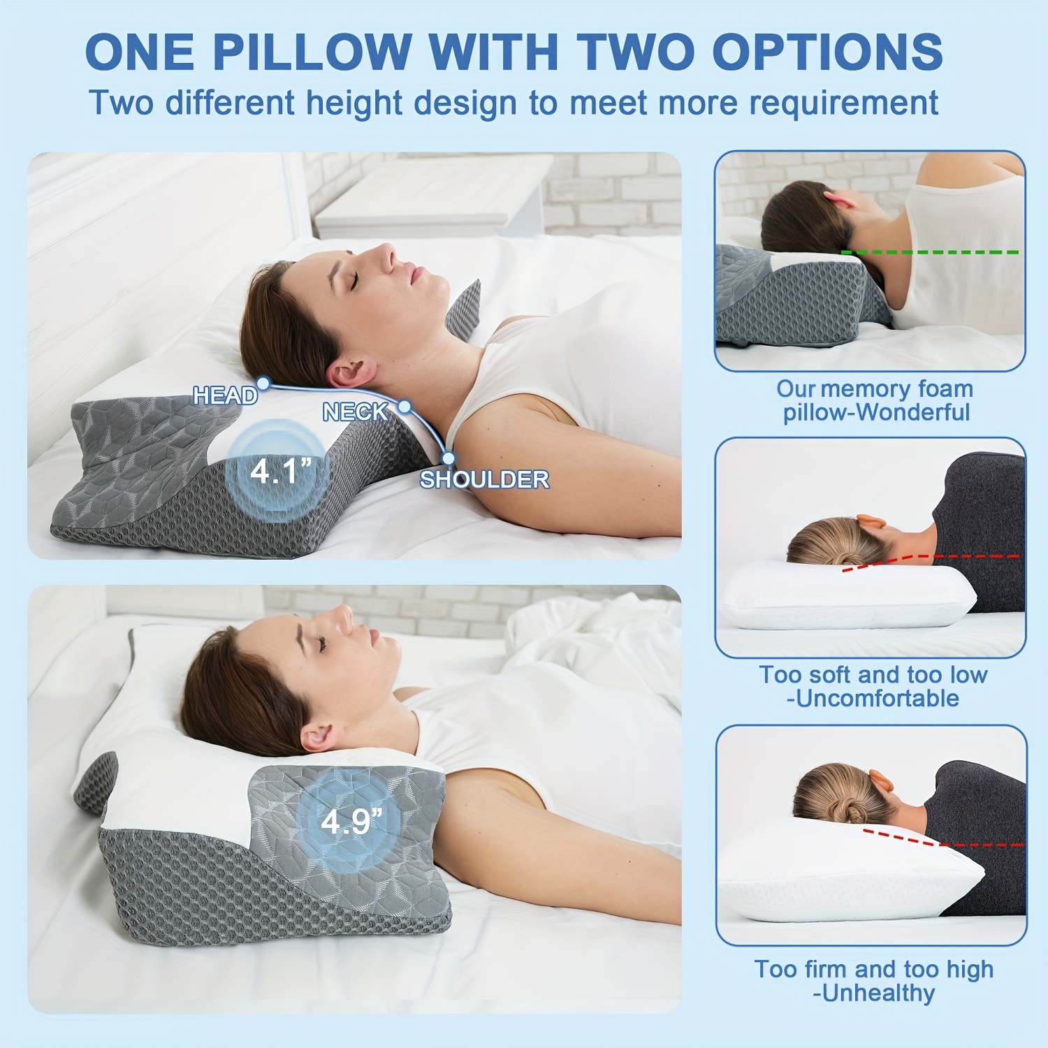 CUMOHUG Deep Sleep Pillow and Knee Pillow Set,Memory Foam Queen Size Bed  Cooling Pillows,Ergonomic Cervical Neck Support Pillow for Side&Back