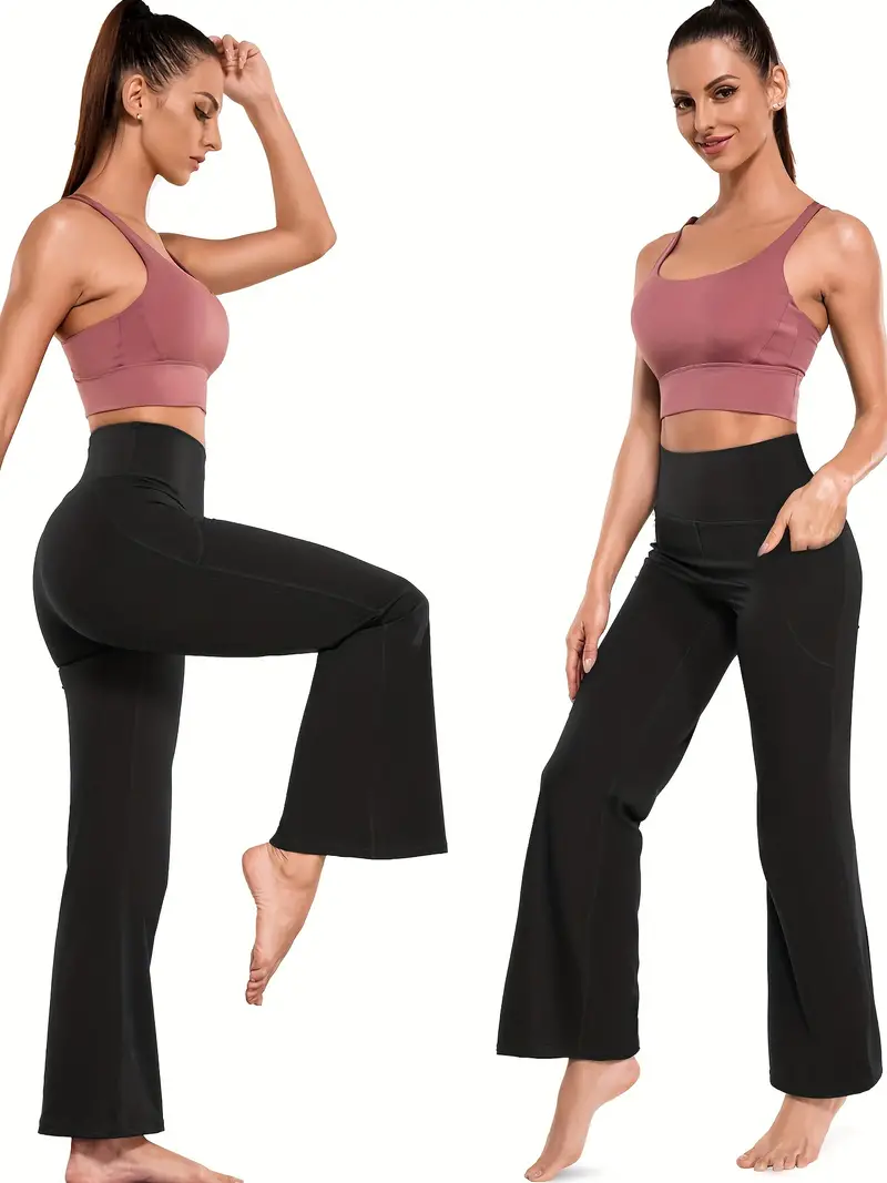 Women High Waisted Bootcut Leggings Pockets Solid Color - Temu