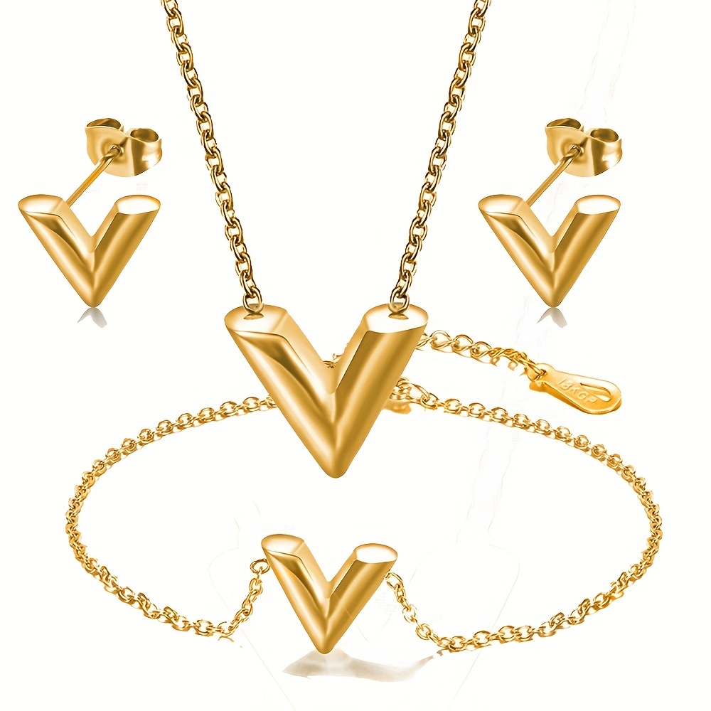 V Letter Necklace And Earring Set, Men's Stainless Steel Jewelry,  Three-piece Jewelry For Men And Women, V-shaped Bracelet - Temu