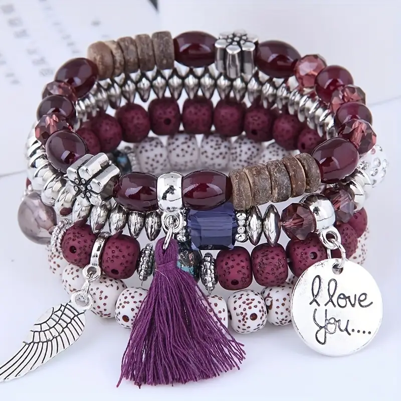 4pcs set disc love wings tassel volcano stone beads bracelet pink multicolor beads retro bohemian holiday gift for girls details 4