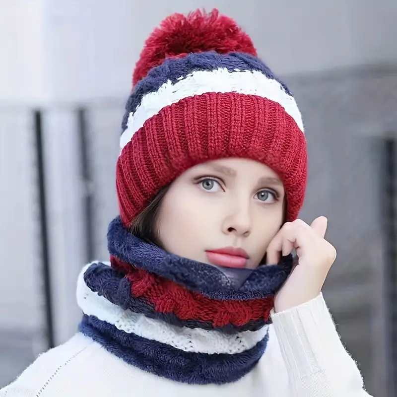 2 pieces knitted hat scarf set windproof ear protection casual warm beanie hat with pom poms comfortable fleece lined neck warmer scarf details 4