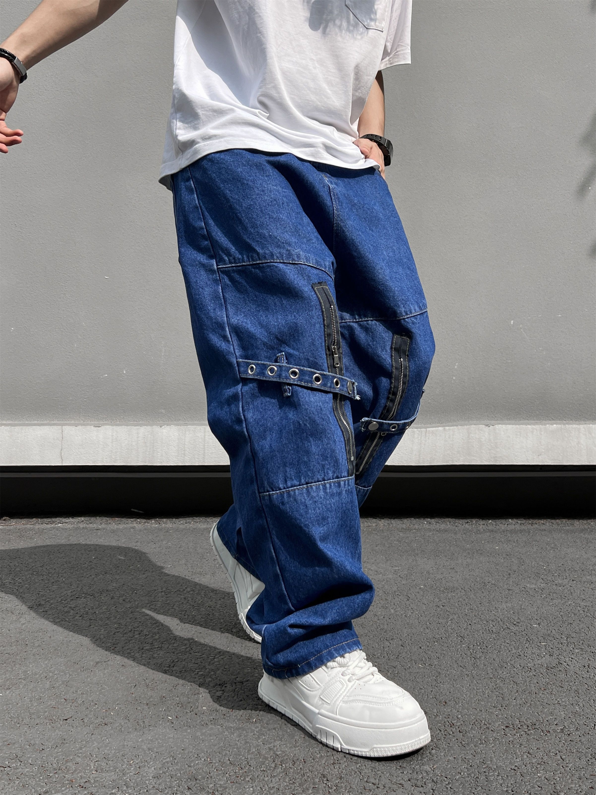 Mens Classic Denim Baggy Jeans Skinny Cargo Pants Overalls Casual Trousers  Punk