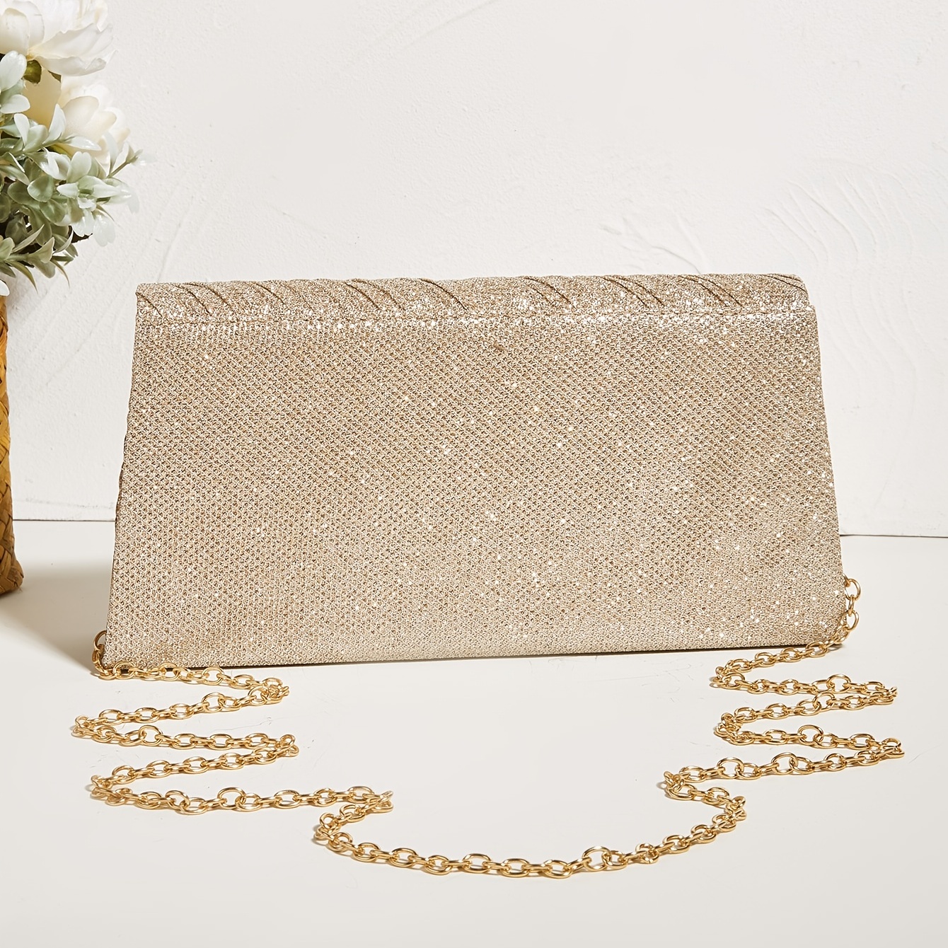 Glitter Evening Bag Pleated Flap Crossbody Clutch Chain
