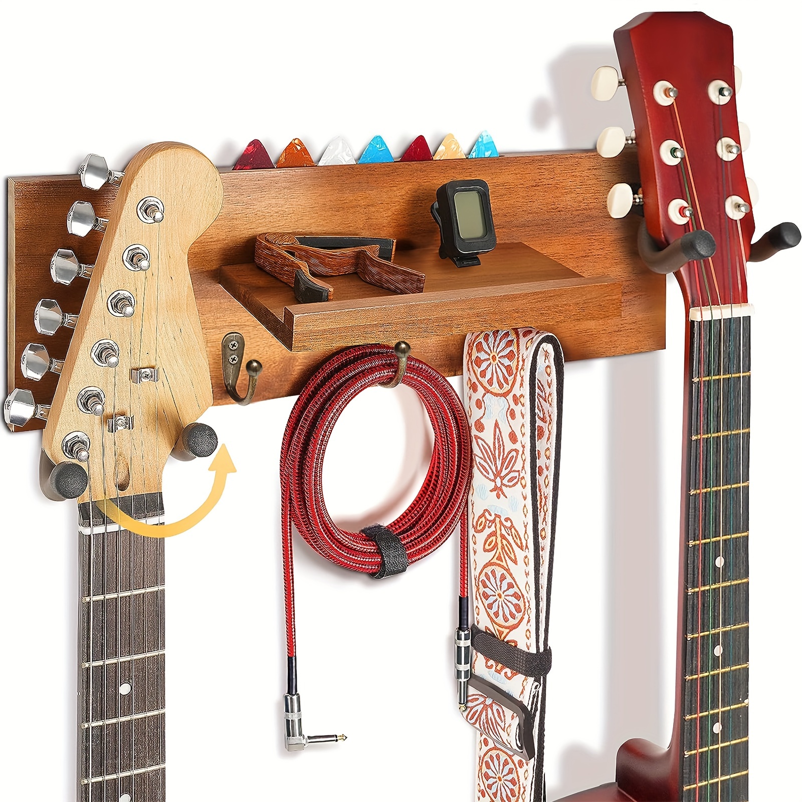 1pcの壁掛けギターホルダー、2つの回転式ゴムフック、棚とピックホルダー付きの木製ギターウォールハンガー、アコースティックエレキギター、ベース、バンジョー、ギターアクセサリーのアート＆クラフト用のギターホルダーウォールハンギングラック