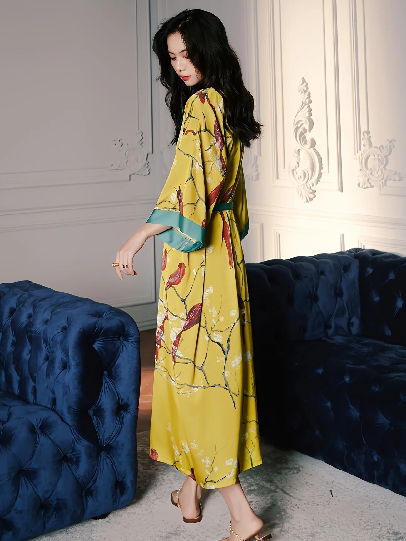 Minifaceminigirl Kimono Robes for Women Long Satin Robe Floral Silk Robes  Kimonos Bathrobe Dressing Gown, One Size 