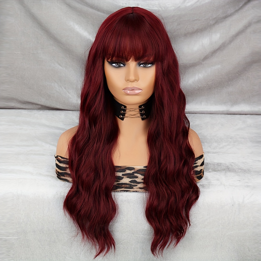 Burgundy Wigs Women Long Burgundy Wavy Wig Bangs Heat Temu Ireland