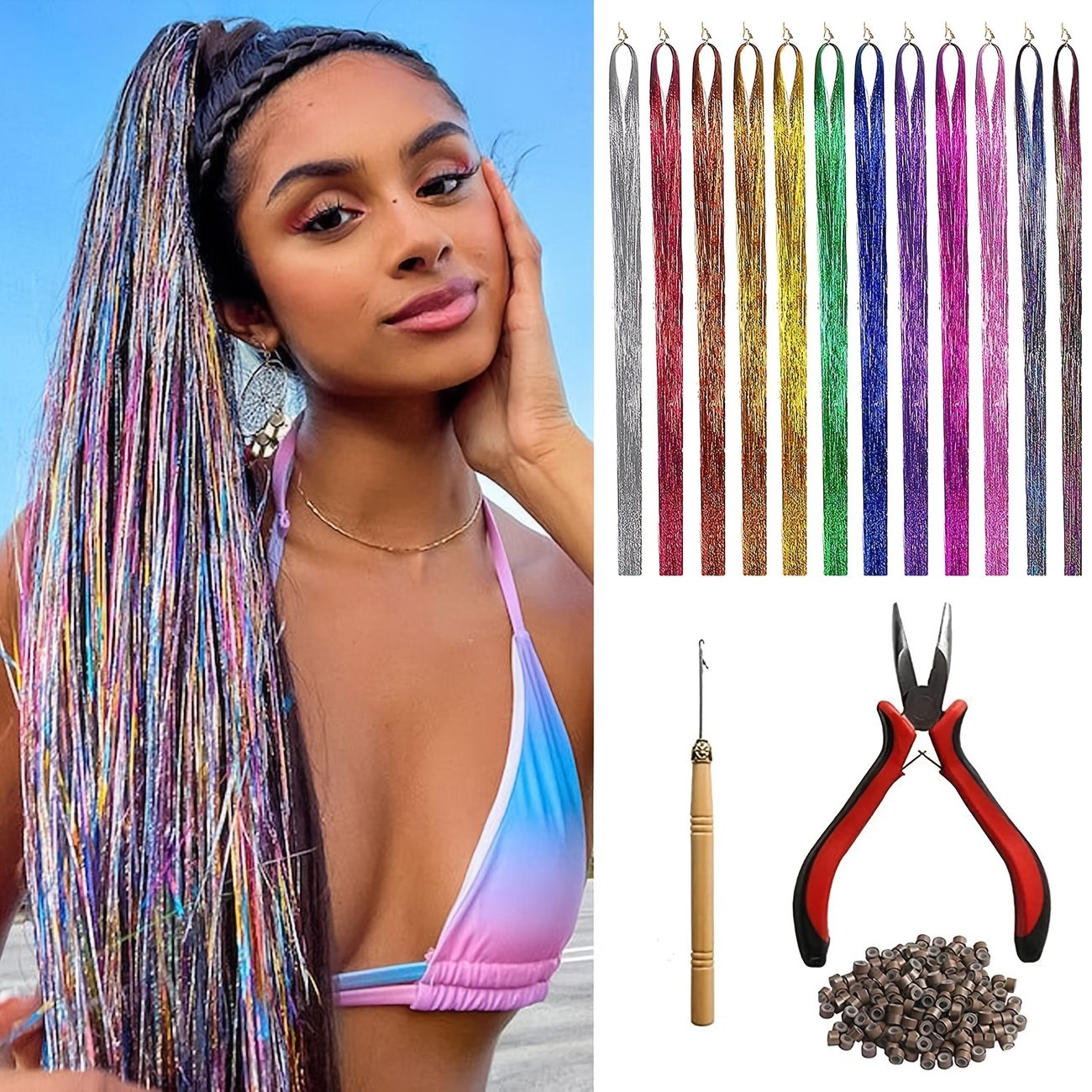 Tinsel Hair Extension With Tulle Glitter Hair Extensions Sparkly Tinsel Hair  Colorful Fairy Hair Tinsel Strands For Christmas New Year Halloween Cosplay  Party 2400 Strands 12 Colors 47 Inch - Beauty & Personal Care - Temu