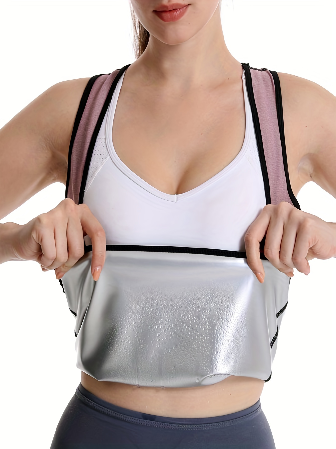 Plain Body Shape Weight Loss Tank Top, Sauna Push Up High Stretch Gathering  Sporty Top, Women's Activewear